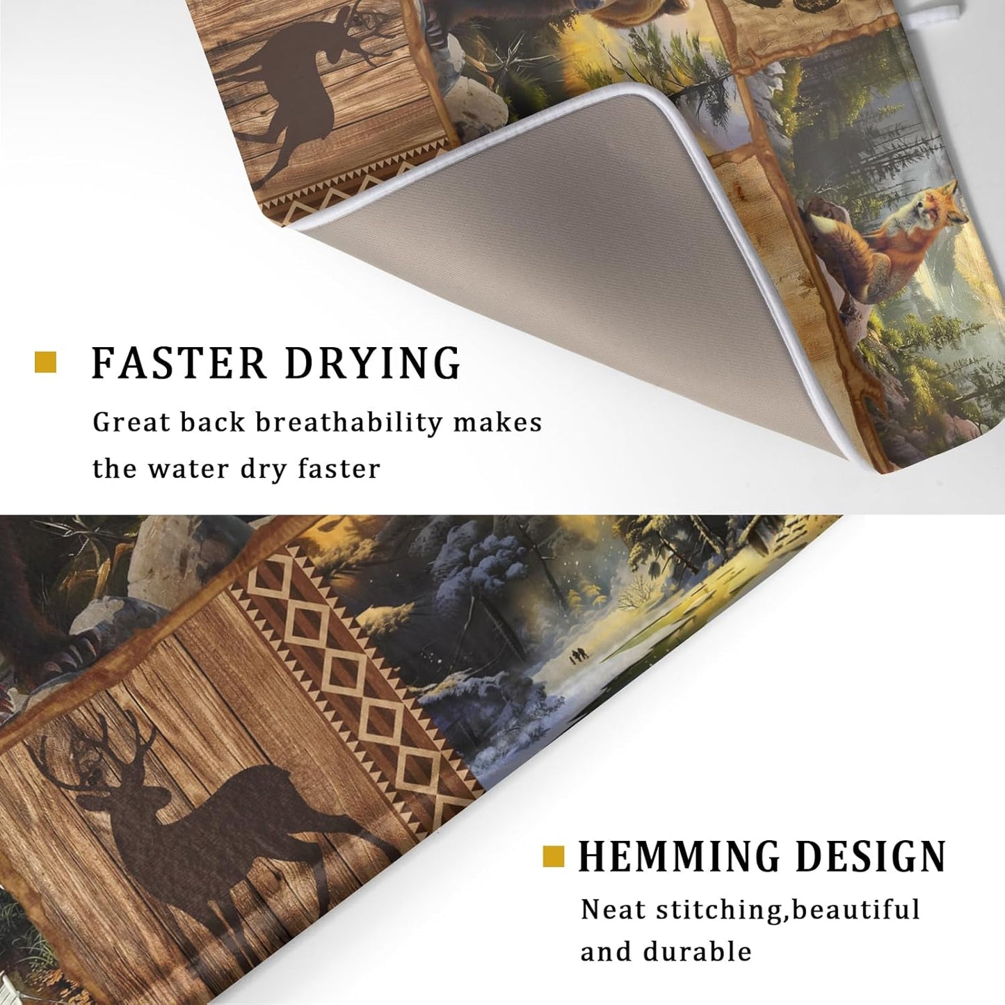 Bear Deer Fox Dish Drying Mat Rustic Cabin Lodge Dish Drainer Mats 18x24 Inch Absorbent Washable Dishes Rack Pad for Sink Kitchen Counter