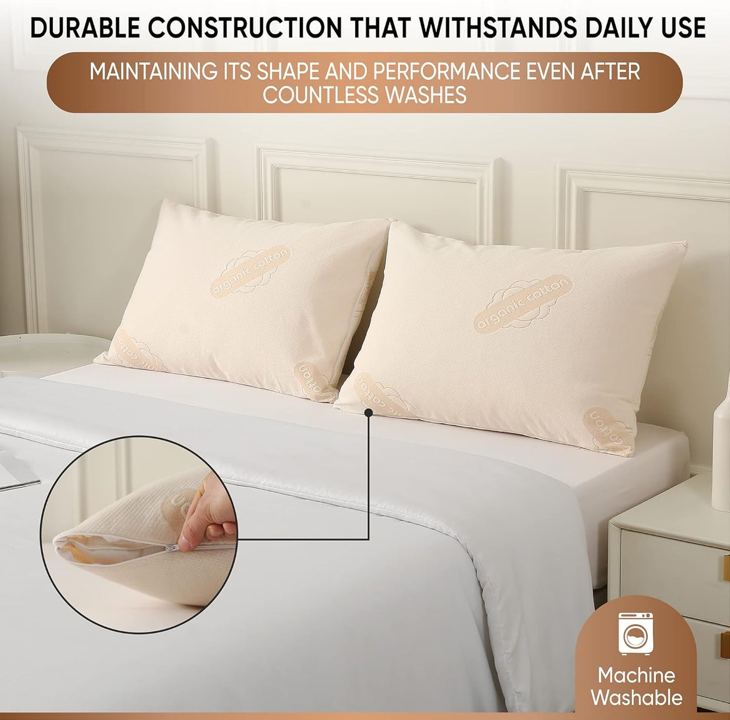 2-Pack Deluxe Organic Cotton Pillow Protectors - Standard - Certified Organic, Waterproof, Zippered Encasement, Soft Knit Fabric, Thick 280 GSM Cotton