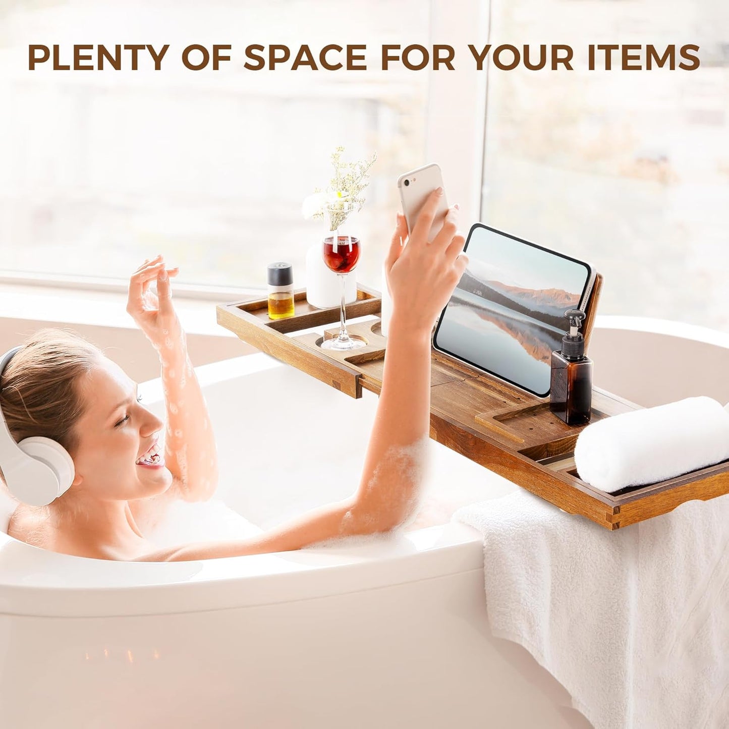 Teak Bathtub Tray - Luxury Bath Tray with Expandable Handles, Wine Glass and Phone Holders, Book Stand - Perfect for Home Spa Relaxation and Reading - Natural Bath Accessories - Light Walnut Color