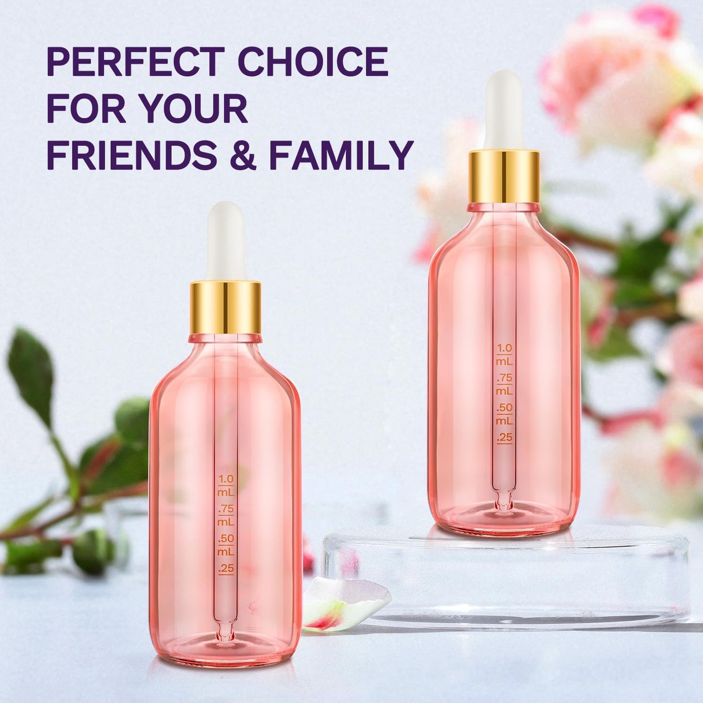 Bumobum 2 Pack, 100ml Pink Glass Dropper Bottle- 3.4 oz Glass Tincture Bottles with 1 Funnel & 1 Pipette & 4 Labels, Leakproof Eye Dropper for Oils, Liquids