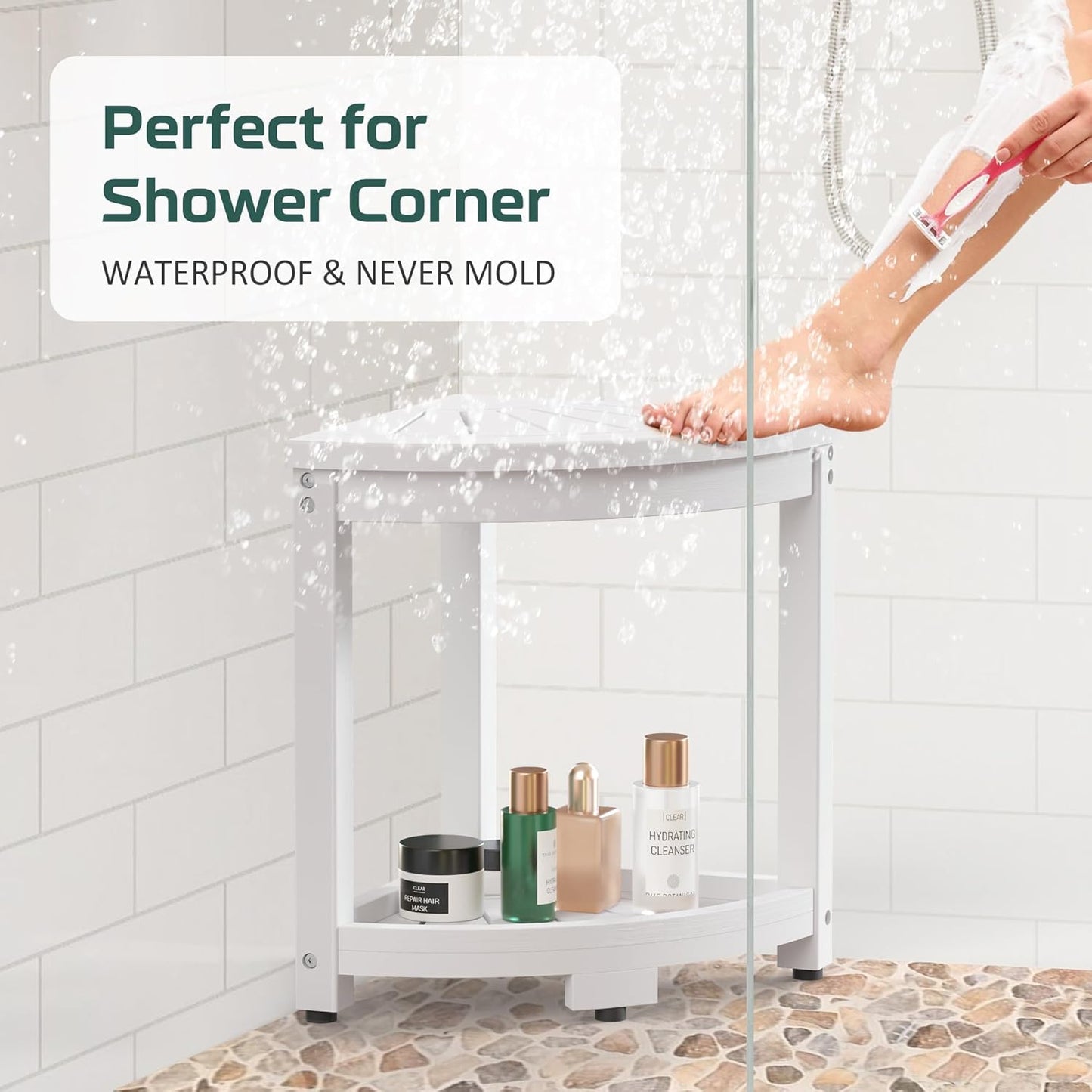 Corner Shower Stool for Inside Shower, HIPS Waterproof Shower Bench Seat Chair, Plastic Bath Shower Stool for Shaving Legs Foot Rest with Storage Shelf, Adjustable & Non-Slip Feet, White