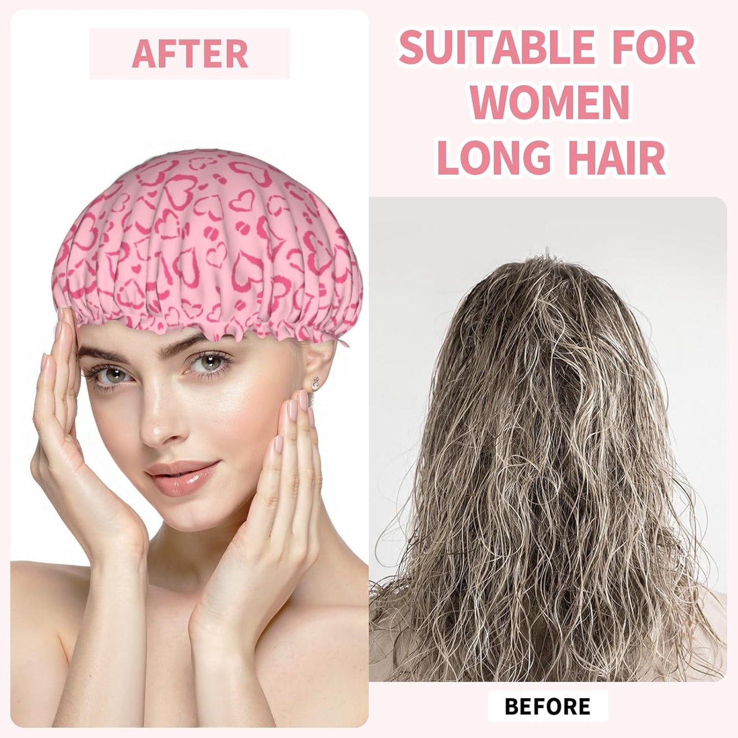 Leopard Print Reusable Shower Caps Pink Heart Dual-Layer Waterproof Bath Hat Hair Caps Elastic Hair Hat for Shower Cooking Clean Makeup Travel