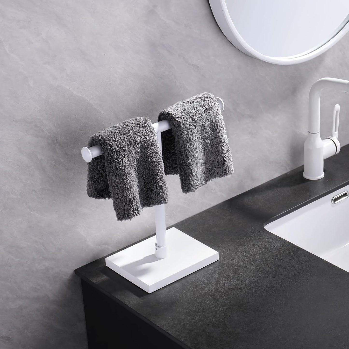 GERZWY Hand Towel Holder Standing Tree Rack for Bathroom Vanities Countertop SUS 304 Stainless Steel Towel Ring, White