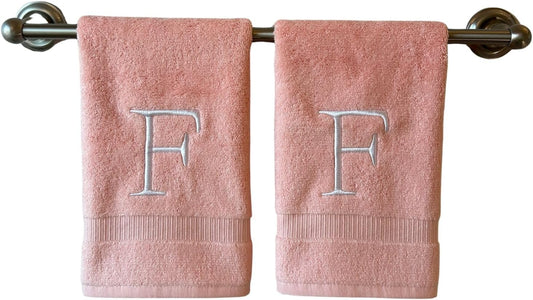 Pink Initial Hand Towel for Bathroom - Monogrammed Luxury Hotel Quality Decorative Embroidered Towel for Powder Room, Spa - GOTS Organic Certified - Set of 2 Letter F