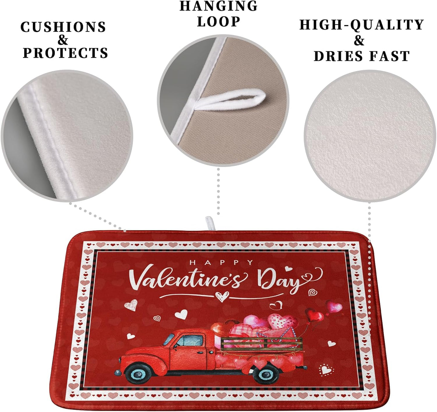 Valentine Red Truck Love Heart Dish Drying Mat 16x18 Inch Happy Valentine's Day Drying Mat for Kitchen Counter Microfiber Dish Drainer Mats Absorbent Dish Rack Pad for Home Coffee Bar Sinks