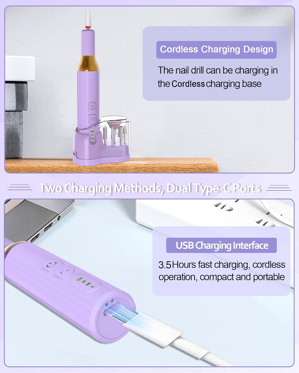 Nail Drill,Cordless Electric Files for Gel Nails E-File Manicure Kit Women Rechargeable Cordless Drill para Uñas Profesional Machine Grinder Acrylic Purple