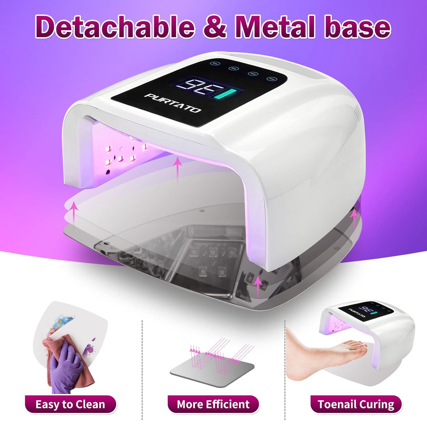 Professional Rechargeable 96W UV LED Portable Cordless UV Light for Nail Lamp Machine with Removable Stainless Steel Bottom,4 Timer Setting and Smart Sensor Nail Dryer (White)