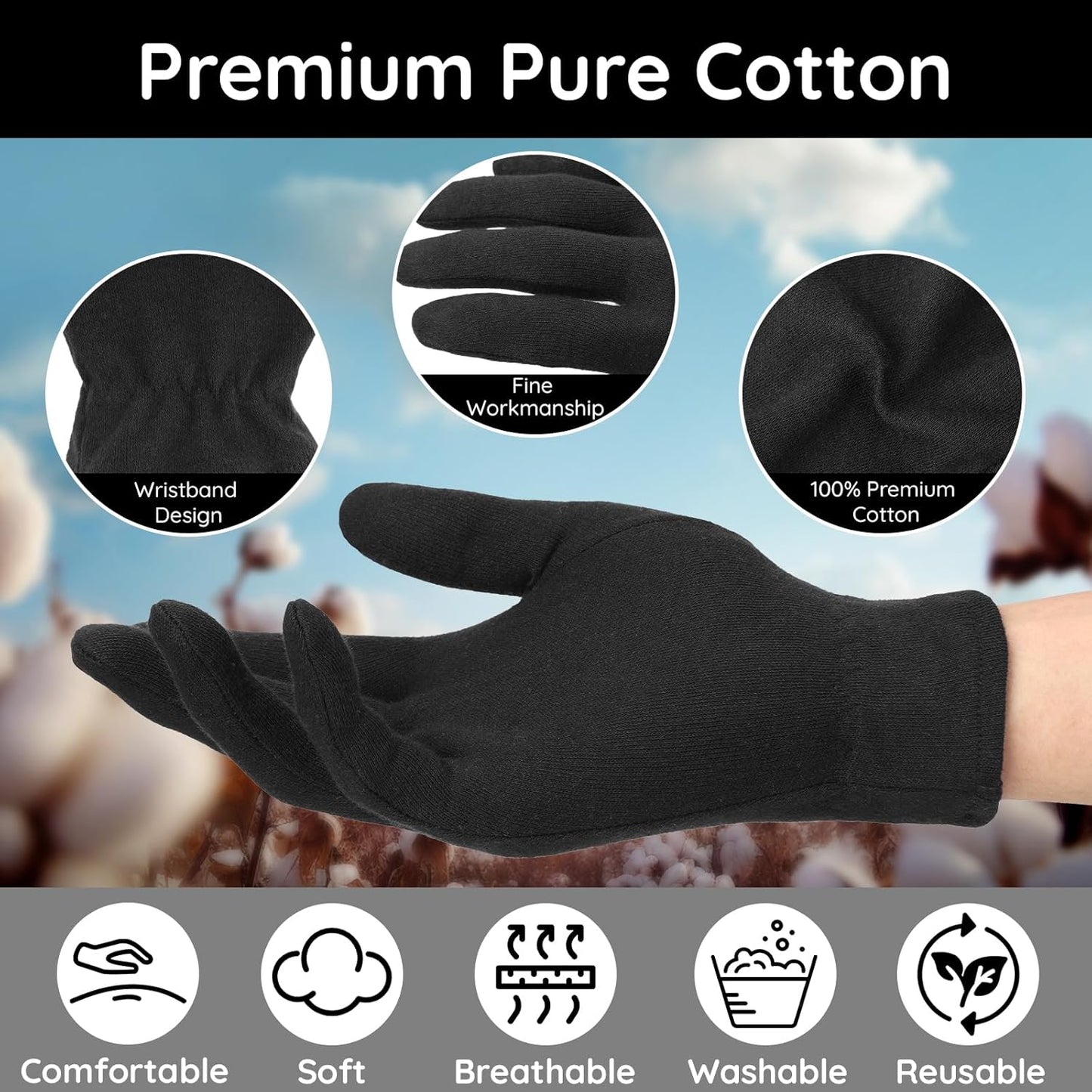 Segbeauty 8 Counts Elastic Black Lotion Gloves Overnight for Women, 4 Pairs Moisturizing Hand Cotton Gloves for Men with Elastic Band, Moisture Glove for Sleeping Working, Soft Sleep Lotion Mitt Glove