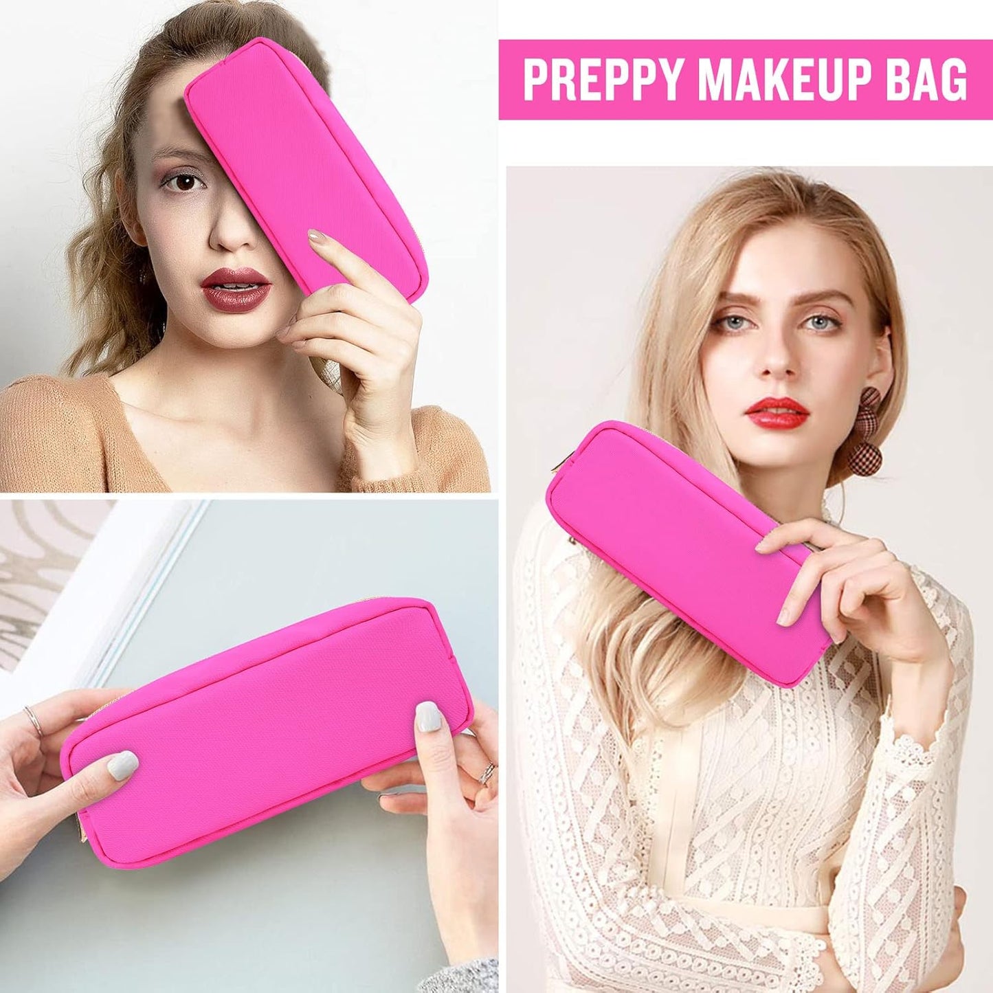 Izuzt Nylon Small Makeup Bag, Slim Pouch - Preppy Cute Makeup Brush Case, Cosmetic Zipper Pouch for Purse, Waterproof Travel Toiletry Bag Clutch, Makeup Organizer for Women & Girls (Hot Pink)