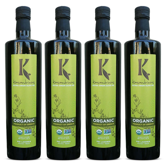 Kasandrinos Organic Olive Oil Extra Virgin, Polyphenol Rich Greek Olive Oil, 100% Organic First Cold Pressed, Mild + Delicate Flavor, Verified by Non GMO, 1 L / 33.8 oz (Pack of 4)