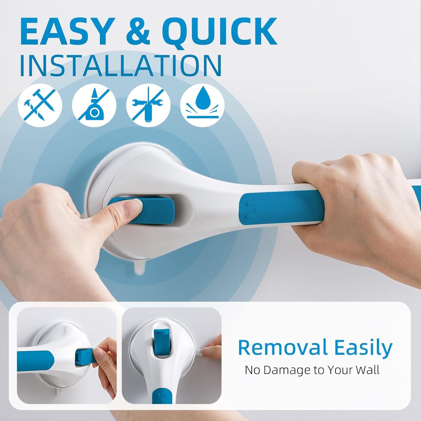 Shower Grab Bar Suction Cup 12 inch, Grab Bars for Bathtubs, Bathroom Safety Grip Shower Handle for Elderly and Seniors, Bath Handrails Removable & Reusable Waterproof, No Drilling, Blue
