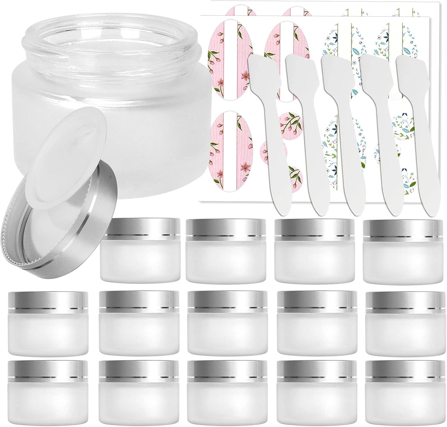 15 Pack, 1 oz 30ml Matte Clear Glass Jars with Silver Lids & Inner Liners, Empty Round Refillable Cosmetic Containers Travel Jars for Cosmetics, Body Butter,Scrubs,Face Cream Lotion,and More
