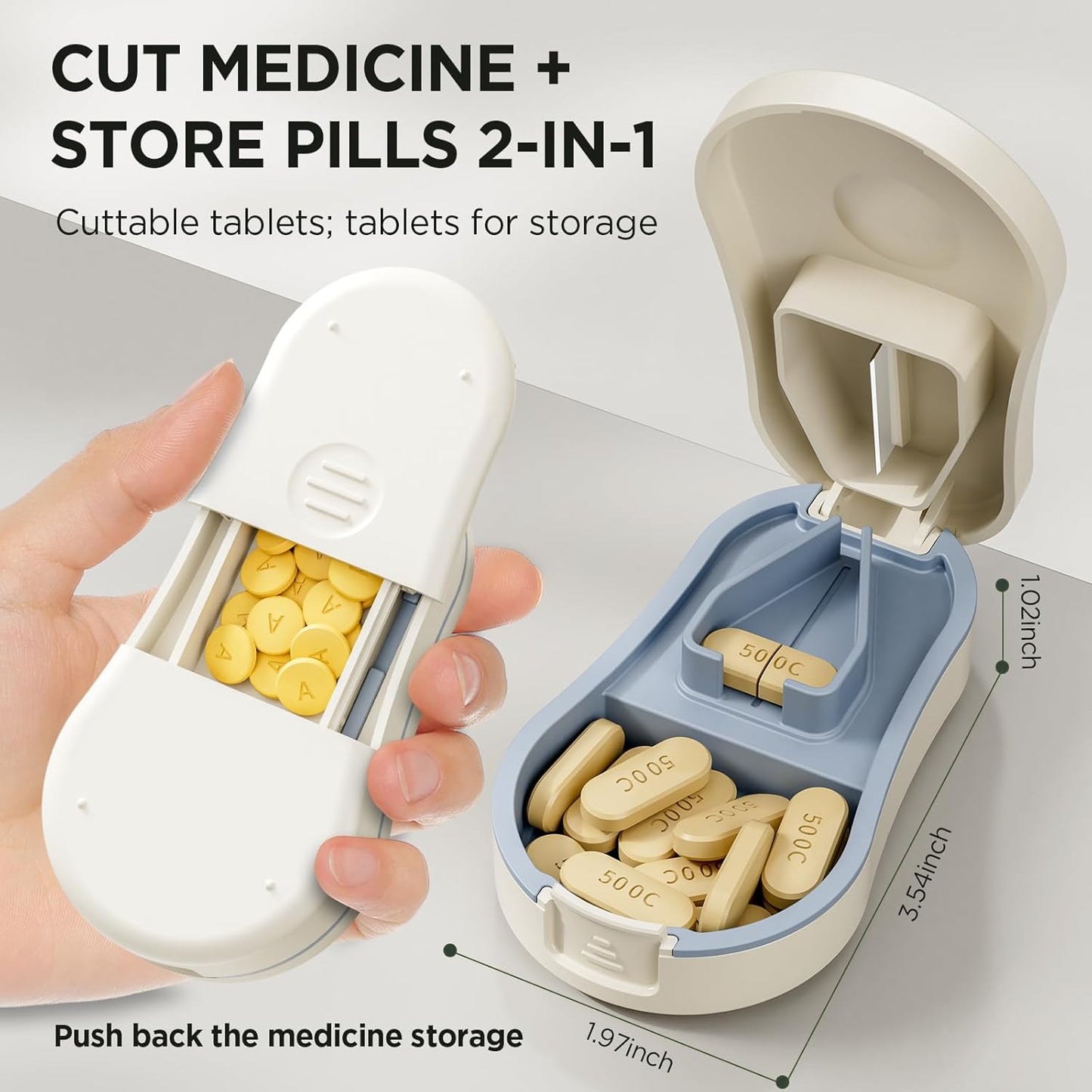 Pill Cutter for Small and Tiny Pills - Pill Splitter with Detachable Silicone Pad - Easy Open Snap Button. Wrap-Around Blade Guard Prevents Cuts. Back Storage (White)