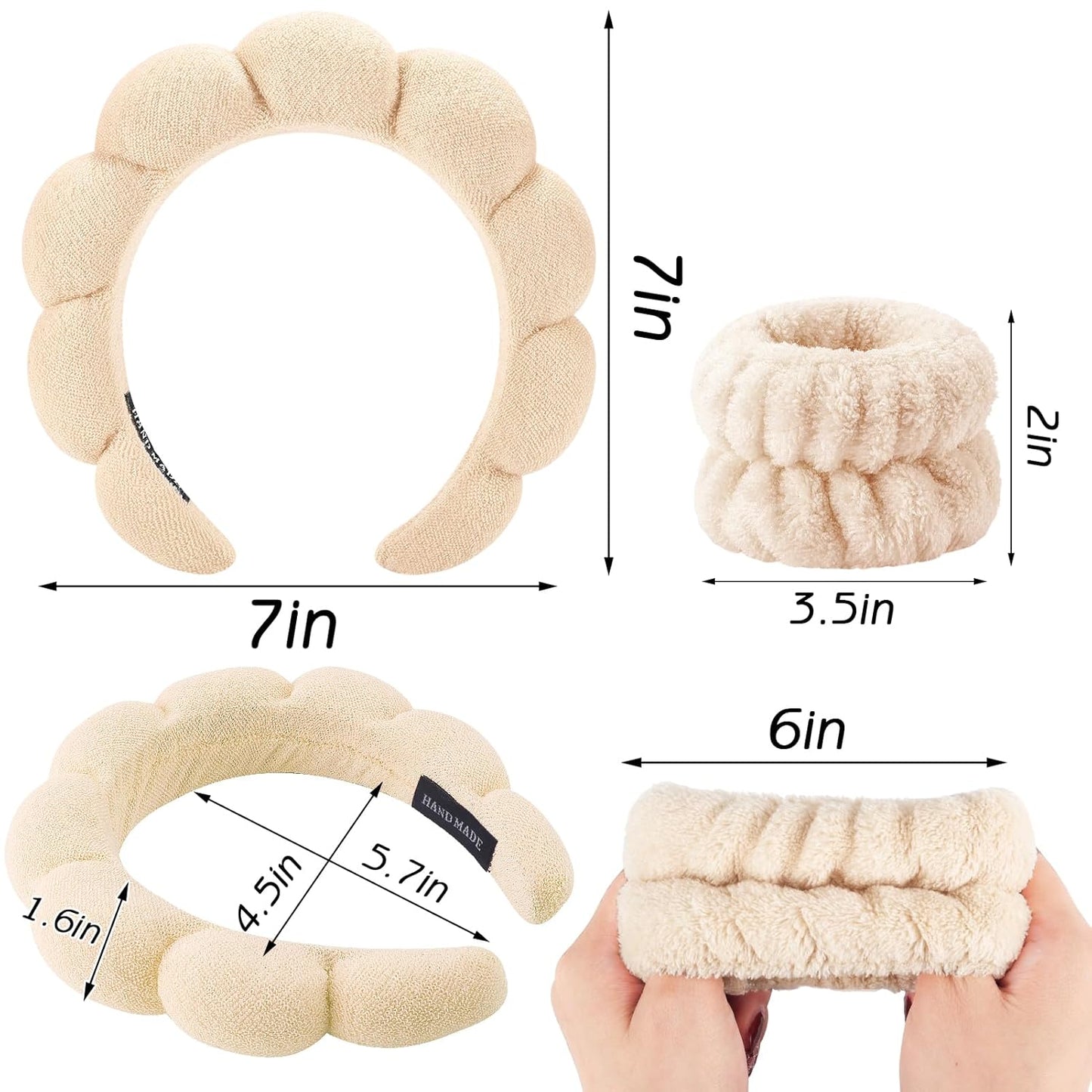 Zkptops Spa Headband for Women Sponge Makeup Skincare Headband Washing Face Wristband Set Terry Cloth Bubble Soft Get Ready Hairband Puffy Padded Headwear Non Slip Thick Hair Accessory(Beige)