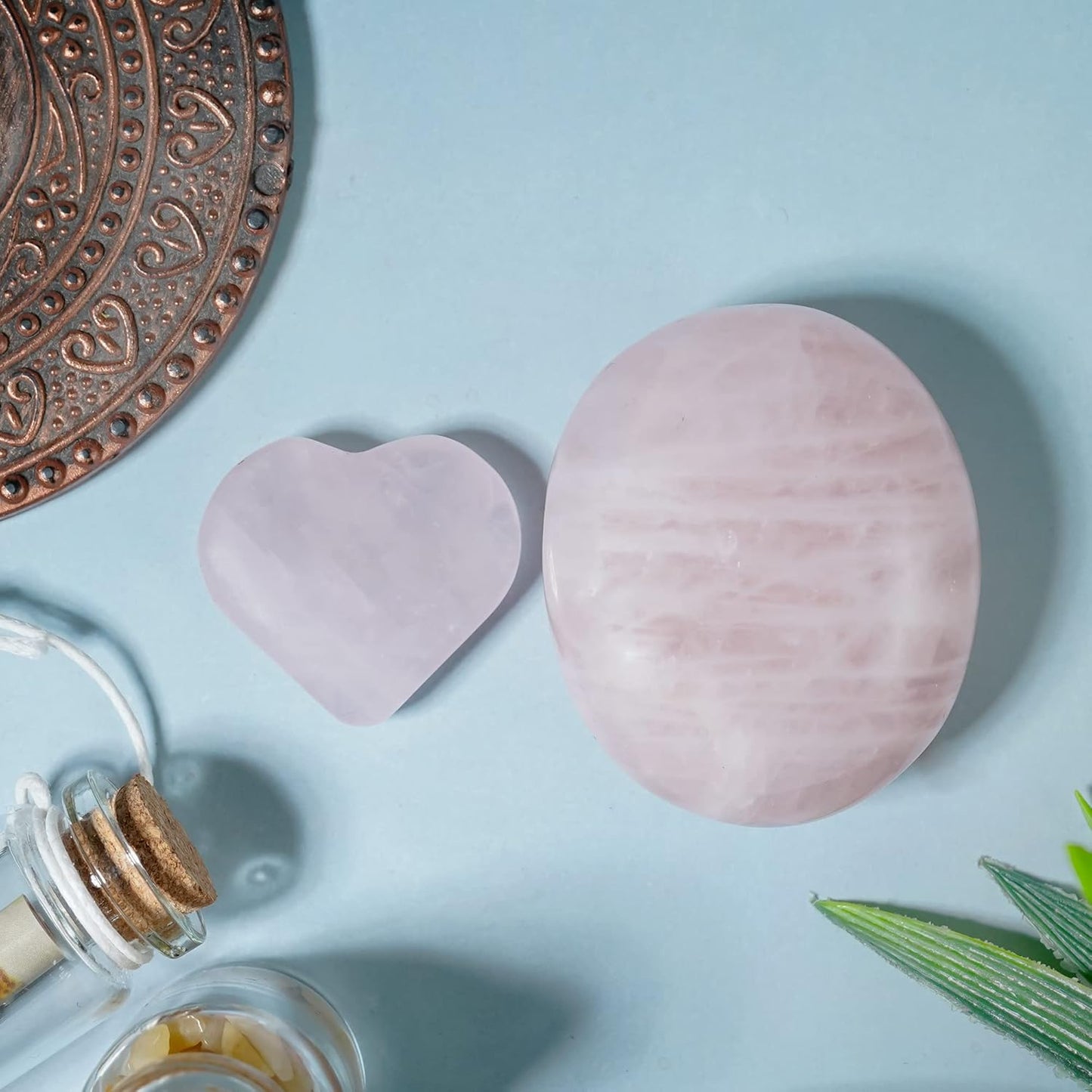 Crocon Rose Quartz Palm Stone (40 mm) & 1 Heart Stone feng Shui Healing Meditation Balance Chakra Reiki Charged Lovely Gift for her him Paperweight Centerpieces with Gift Box for Men Women.