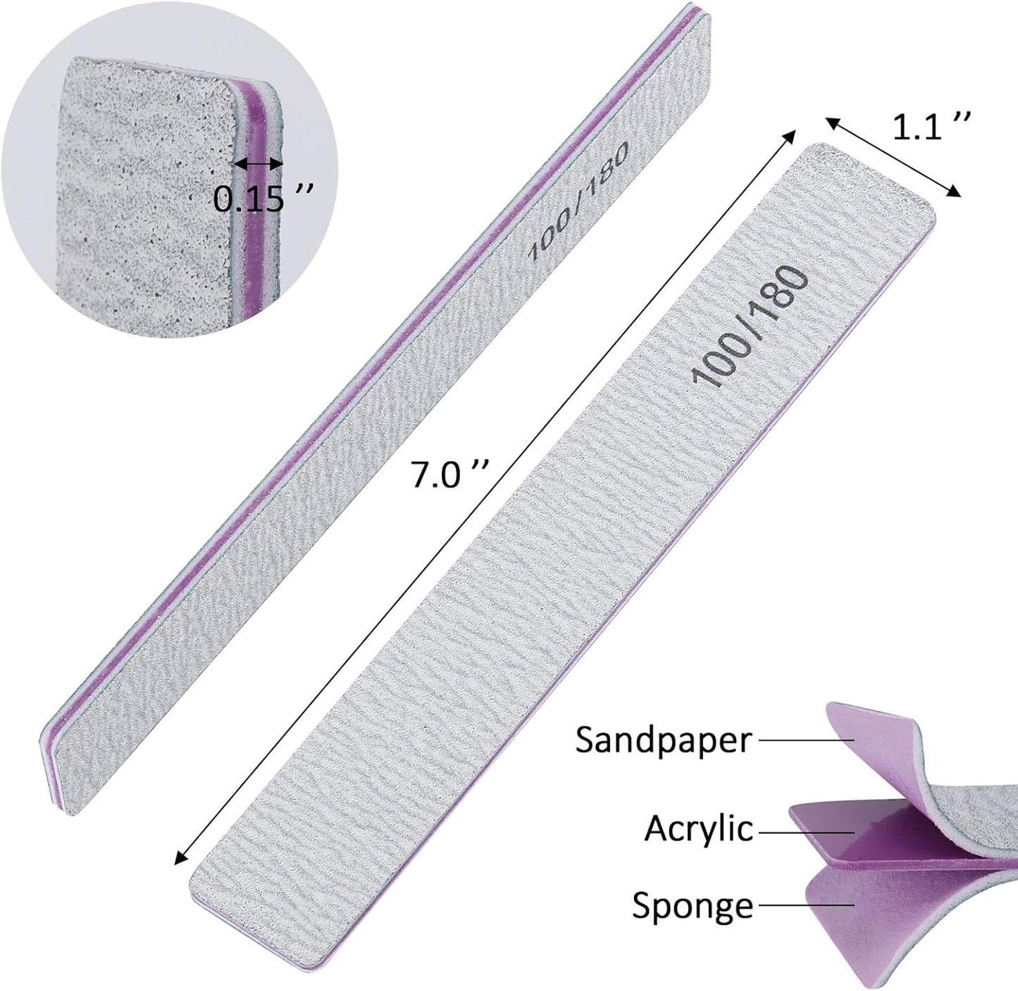 100/180 Grit Nail Files for Acrylic Nails, Rectangle Double Sides Emery Boards Fingernail Files Professional Nail Buffering Files, 12 Pack