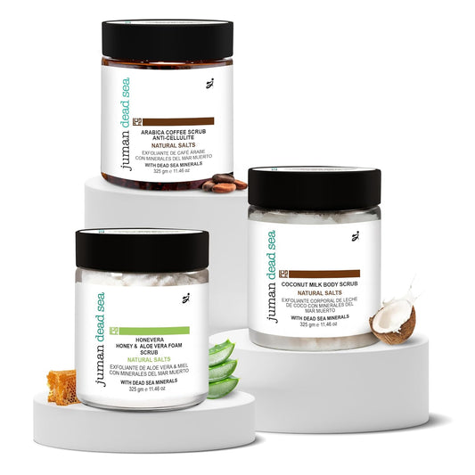 Juman Dead Sea Minerals Nourishing Body Scrub Set | Infused with Essential Oil & Nutrients | Dead Sea Salt Scrub Kit | SlS & Paraben Free | Vegan | Pack of 3