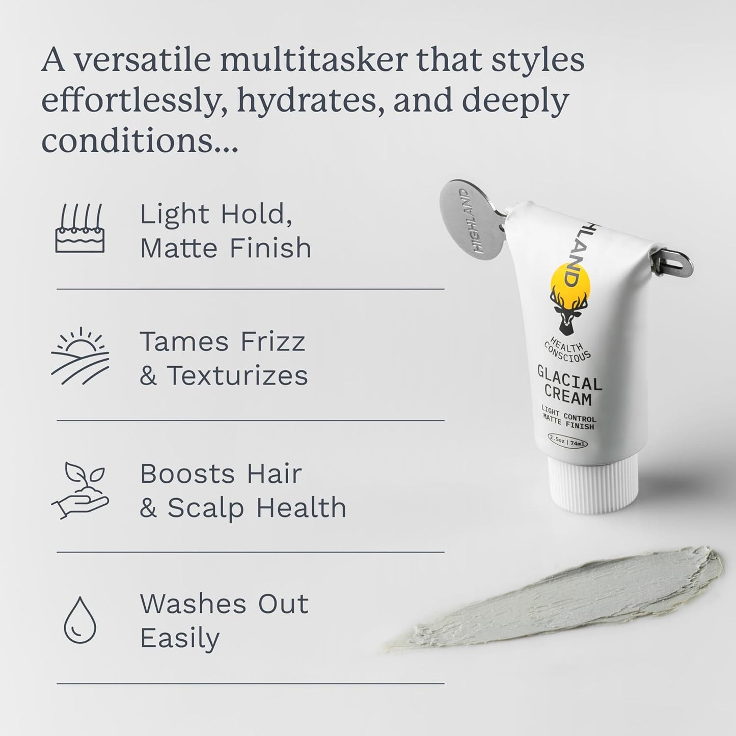 Highland Glacial Cream - Versatile hair styling cream that smooths, de-frizzes, texturizes & boosts curls. Natural, plant-derived, & made for all hair types. (2.5 oz)