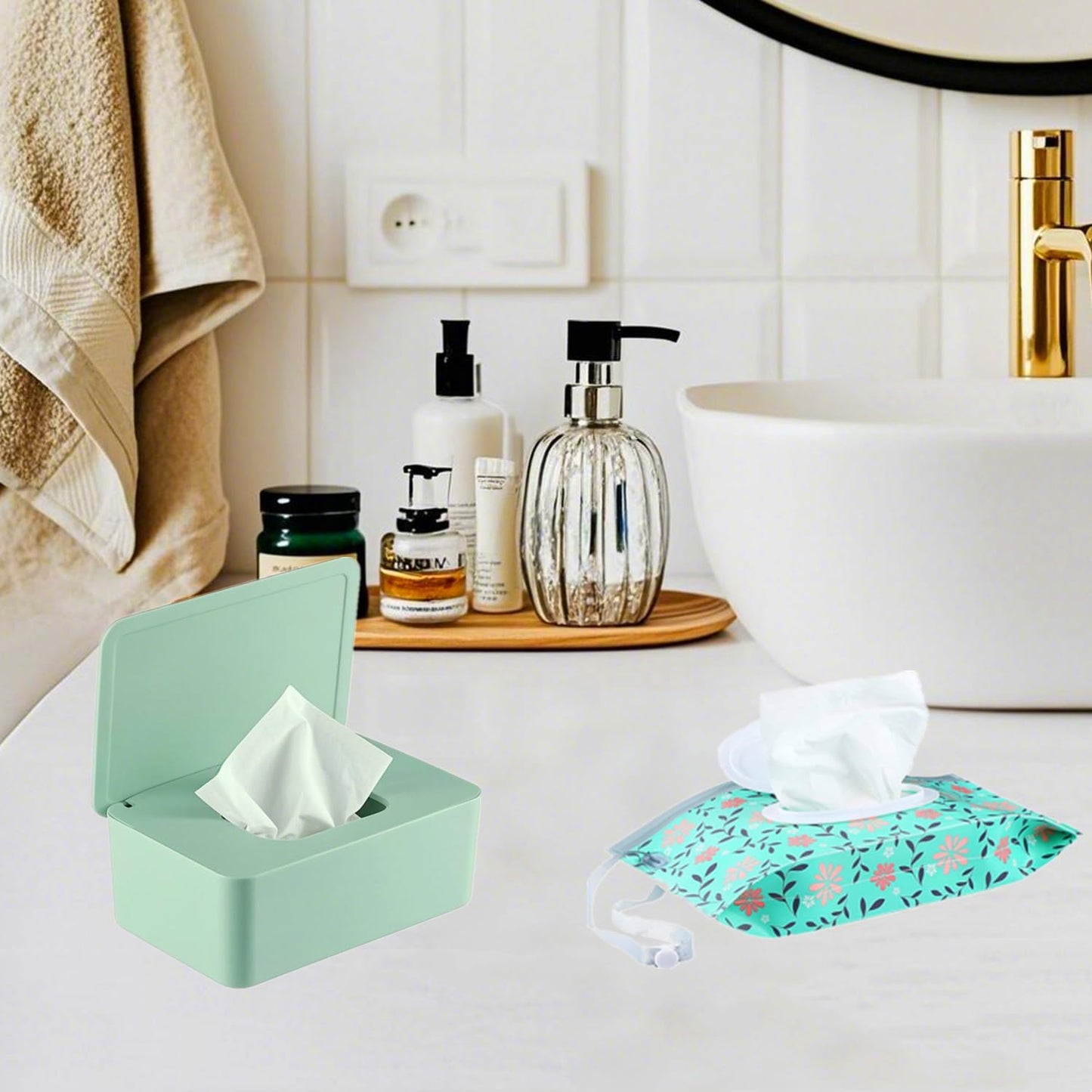 Wipes Dispenser with 2Pcs Portable Refillable Wipe Holder,Reusable Large Wipe Holder Box Flushable Wipes Case Bathroom Wipes Container for Pet Nursery Kitchen Office Counter(Green)