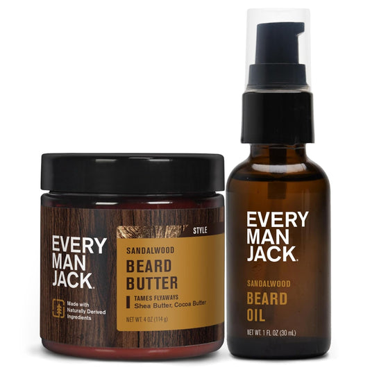Every Man Jack Beard Oil & Beard Butter Bundle - Sandalwood Fragrance - Rejuvenates, Hydrates & Styles Dry Beards - Naturally Derived with Cocoa Butter and Shea Butter