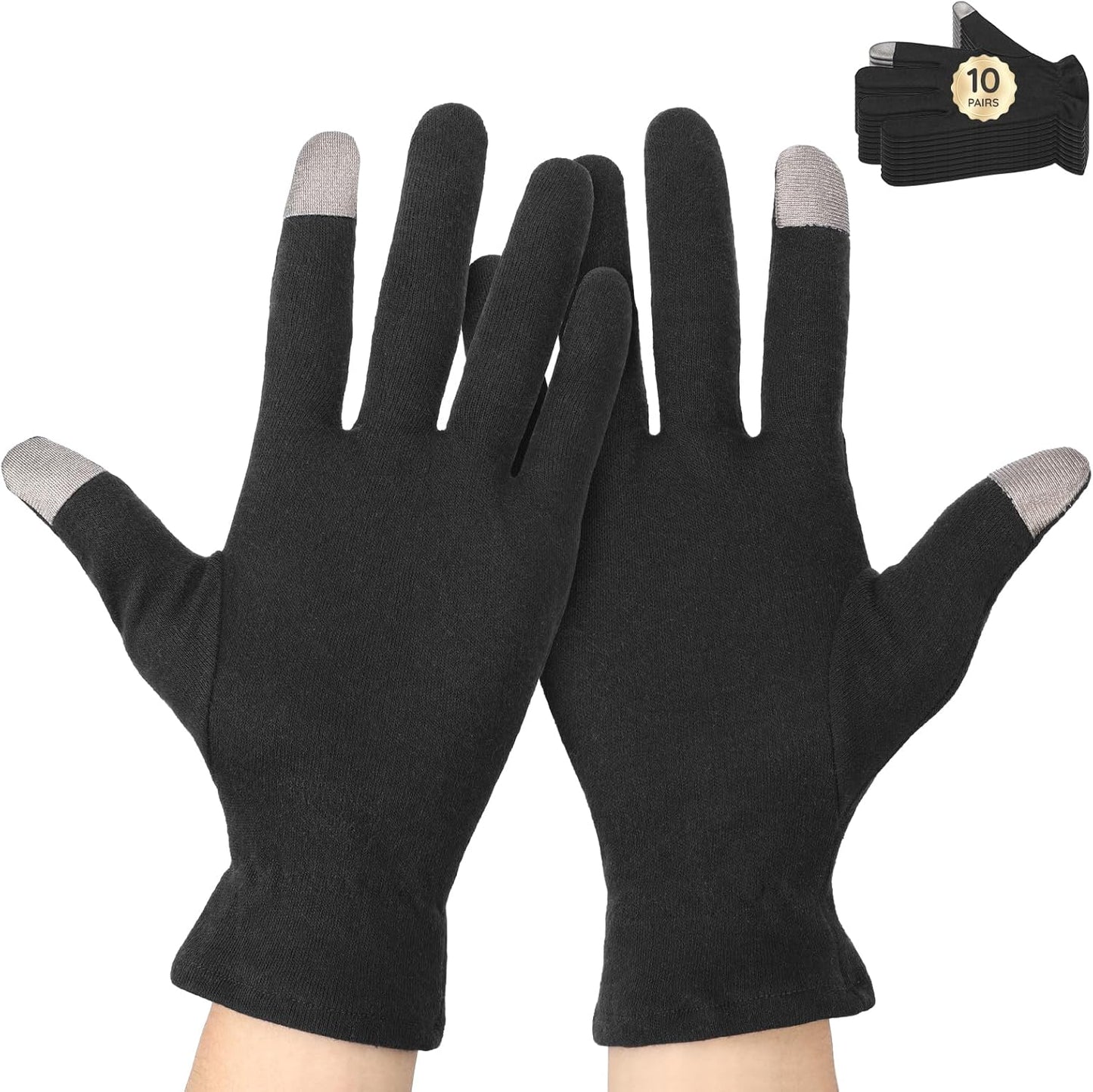 Segbeauty 20 Counts Elastic Touch Screen Black Lotion Gloves Overnight for Sleeping, 10 Pairs Working Moisturizing Cotton Gloves for Men with Elastic Band, Dry Hands Cotton Work Glove for Women Bulk