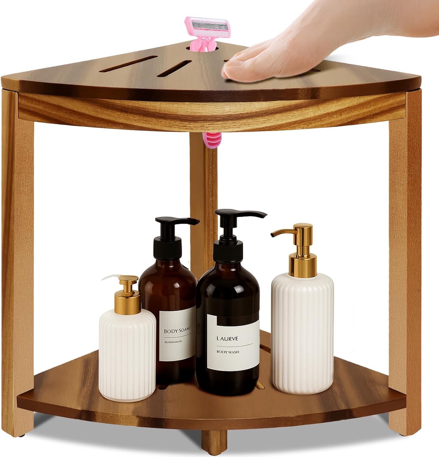 Corner Shower Stool 14.5 in,Shower Foot Rest with Storage Shelf, Shower Shaving Stool for Shaving Legs, Shower Foot Stool for Inside Small Shower Spaces- Acacia Wood Small Shower Stool