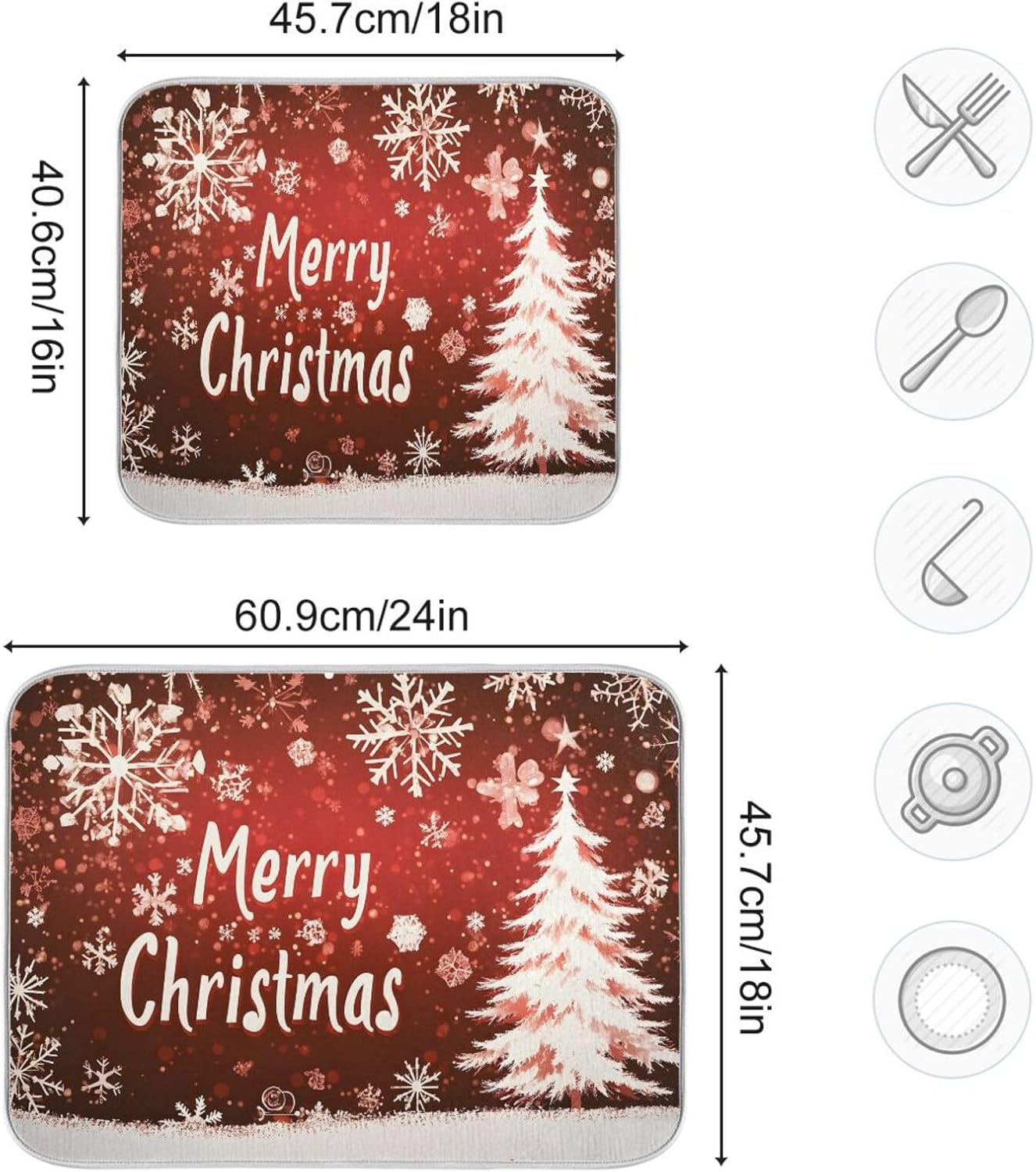 Christmas Dish Drying Mat Red Brown Snowflakes White Tree Wood Christmas Dish Drainer Mat for Kitchen Counter 18x24 inch Drying Mat Absorbent Microfiber Dish Mat