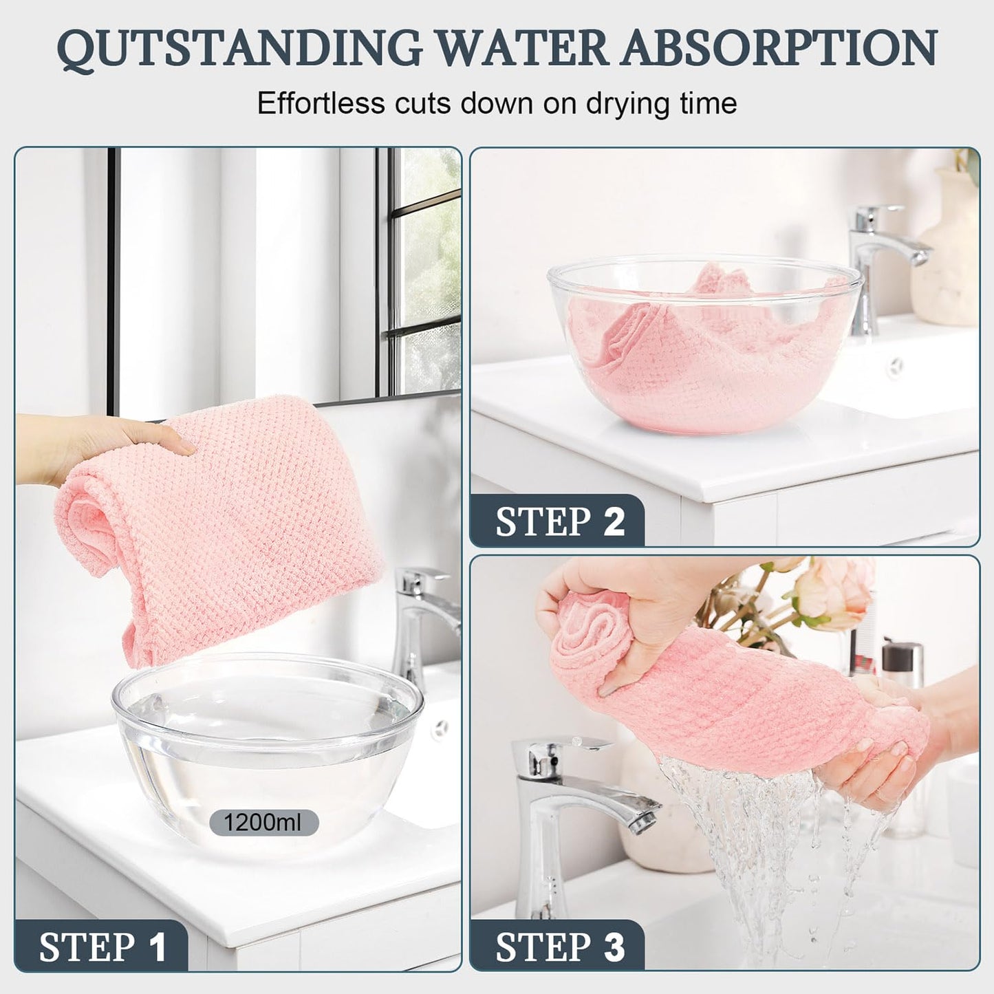 BEoffer 2 Pack Microfiber Hair Towel - 41 x 24 inches Super Soft, Absorbent, Fast Drying Without Frizz Hair Towel Wrap for Women Long, Thick, Curly Hair - Hair Turbans with Elastic Strap