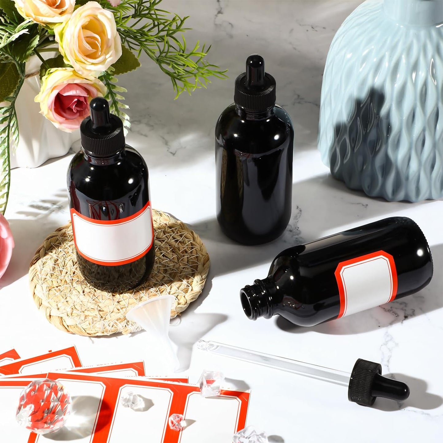 Dandat 50 Pack 4 oz Glass Dropper Bottles Leakproof 120 ml Glass Tincture Bottles with Eye Droppers, 4 Funnels, 54 Labels for Essential Oil Perfumes Hair Oil(Black)