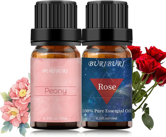 BURIBURI Rose Oil and Peony Essential Oil Set 2 Pack, 100% Pure Diffuser Rose Essential Oil 10ml for Massage, Soap Making
