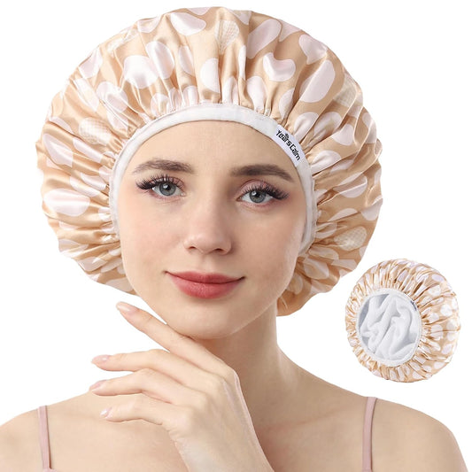 Years calm Terry Lined Shower Cap, Triple Layer Heart Motifs,Waterproof Reusable Elastic,Hair Shower Cap for Women,Terry Cloth Shower Caps for Spa,Clean,Trave (Beige, One Size)