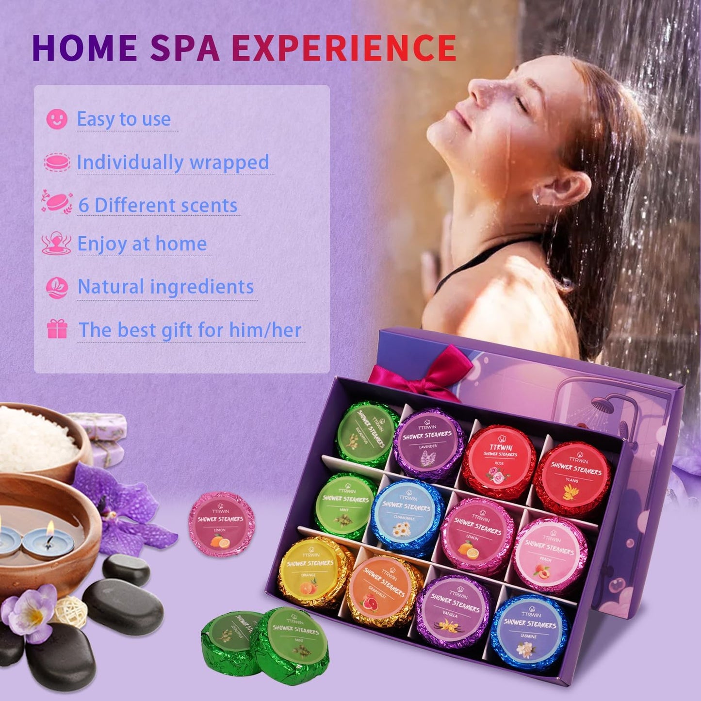 Shower Steamers Aromatherapy 24 Pack Shower Bombs with Natural Essential Oils, Home SPA Stress Relief Christmas Stocking Stuffers Birthday Gifts for Women Mom Men Self Care Relaxation