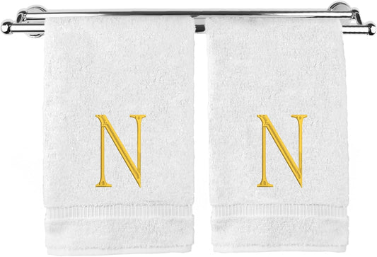Monogrammed Hand Towel, Personalized Initial Gift, Extra Absorbent 100% Turkish Cotton - Soft Terry Finish - Set of 2 - Gold Block Initial N - Embroidered on White Towels