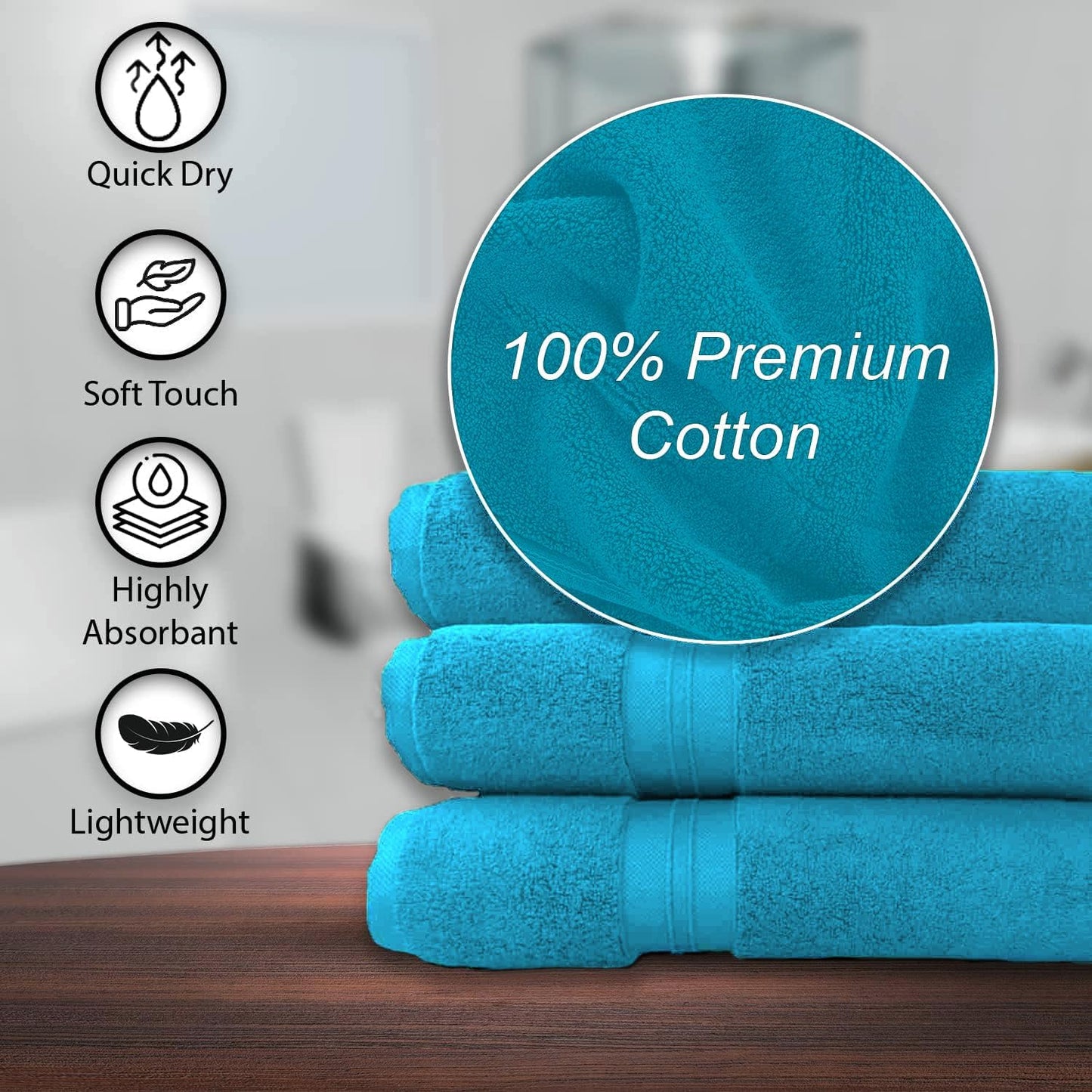 100% Cotton Bath Towels, 24x48 Pack of 6 Towels, Quick Dry, Highly Absorbent, Soft Feel Towel, Gym, Spa, Bathroom, Shower, Pool, Luxury Soft Towels (Teal, KC-2448-6-TEAL)