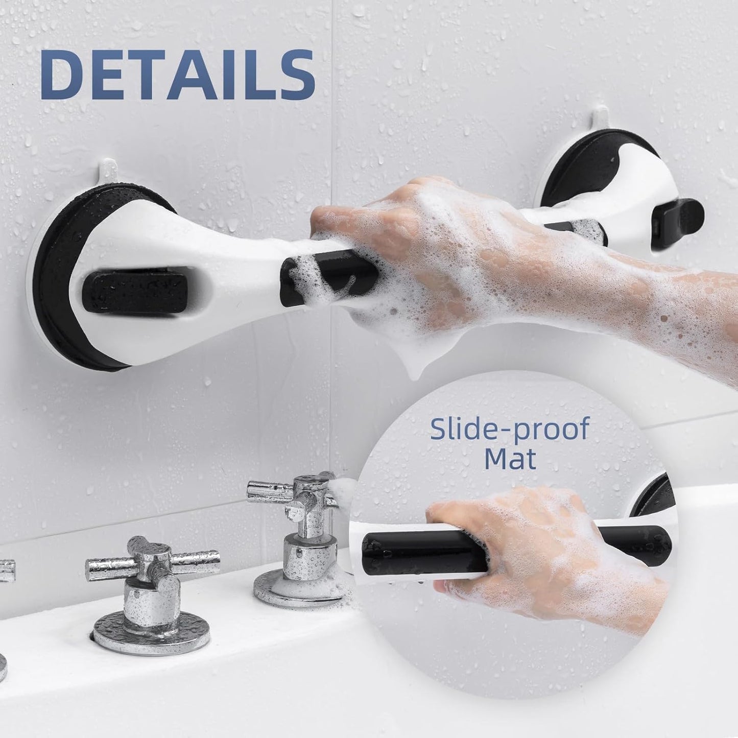 Shower Grab Bar Suction Cup 17 inch, Grab Bars for Bathtubs, Bathroom Safety Grip Shower Handle for Elderly and Seniors, Bath Handrails Removable & Reusable Waterproof, No Drilling, Black