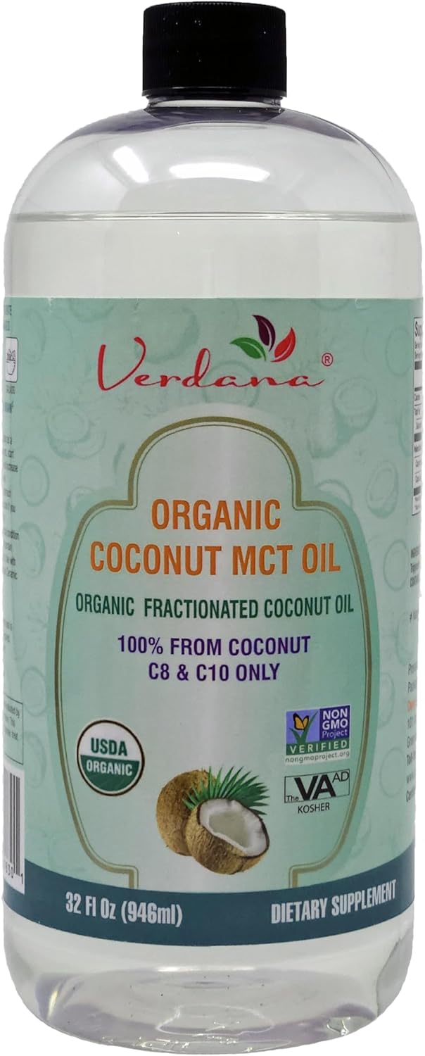 Verdana Organic MCT Oil – 32 Fl Oz Dietary Supplement – 100% Coconut Derived, Fractionated, Food Grade – For Oil Pulling, Keto Coffee, Oral Rinse, Massage & Aromatherapy – Vegan, Non-GMO, Kosher