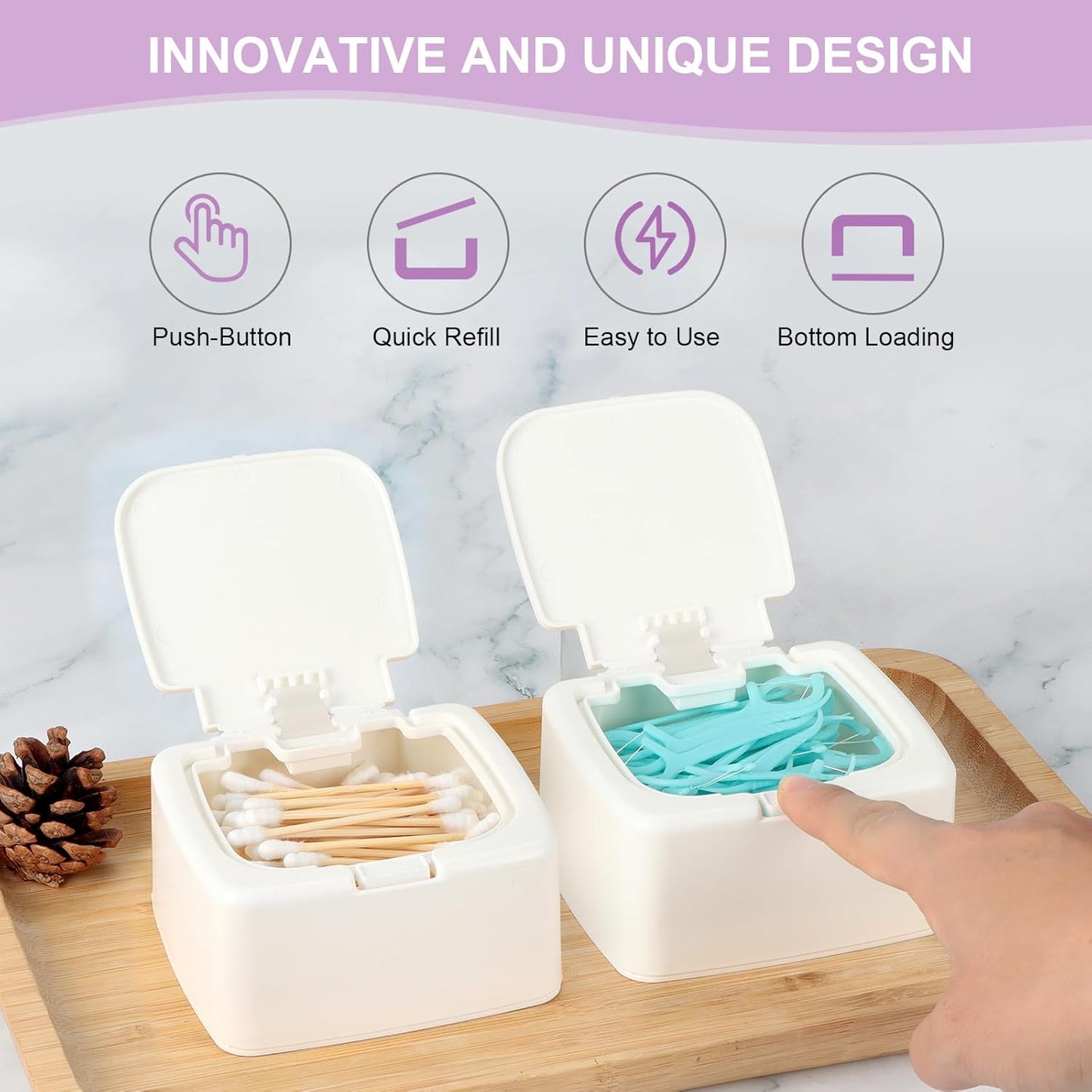 JGB Floss Pick Dispenser,2Packs Refillable Press Flip Floss Sticks Holder,Reusable Floss Pick Case For Cotton Swabs,Balls,Pads,Qtip - Square Storage Box For Home,Hotel,Office Organizers - White