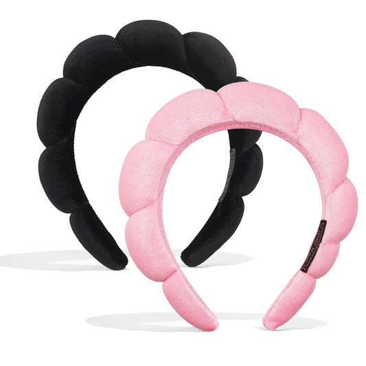 Ayesha 2pcs Spa Headband for Washing Face, Bubble Sponge Soft Hairband for Women - Skincare and Makeup (Pink&Black)