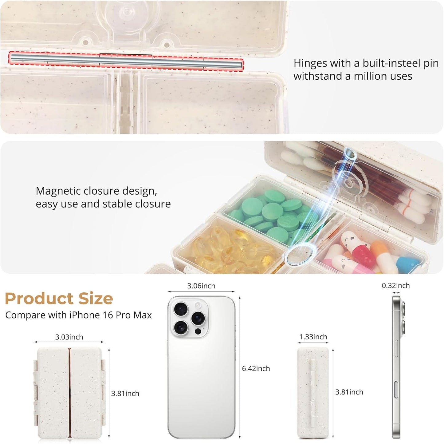 Zentiky Small Daily Pill Organizer with Labels, Medicine Pill Organizer Fit with Your Purse or Pocket for Travel to Hold Vitamin, Fish Oil, Supplement,Cotton Swabs, Bandages or Jewelry-Beige