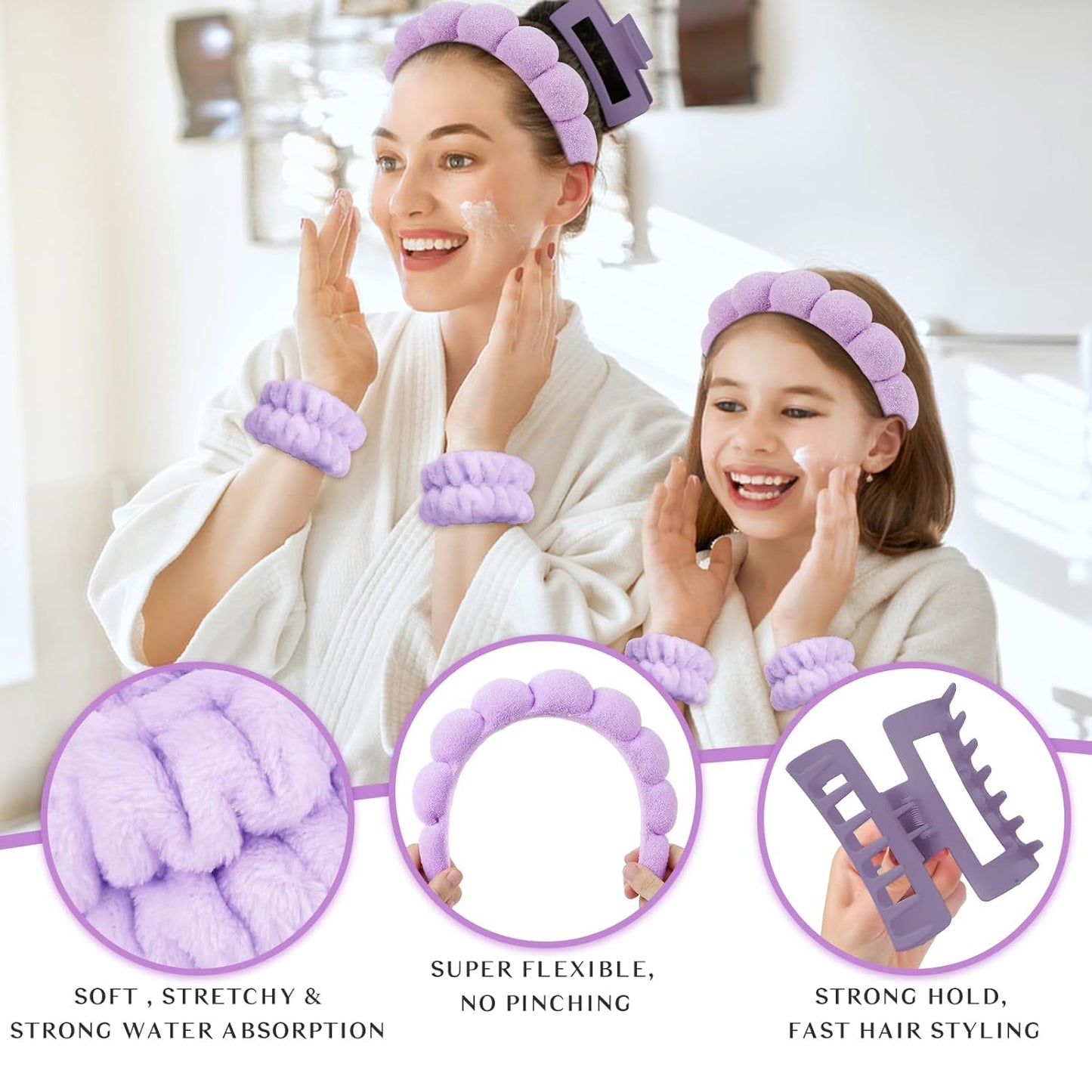 Wecoe Spa Headband And Wristband Set Skincare Headband For Washing Face Hair Claw Clips For Thick Hair Cute Purple Puffy Sponge Makeup Bubble Head Band Wrist Towels Scrunchies For Women Girls