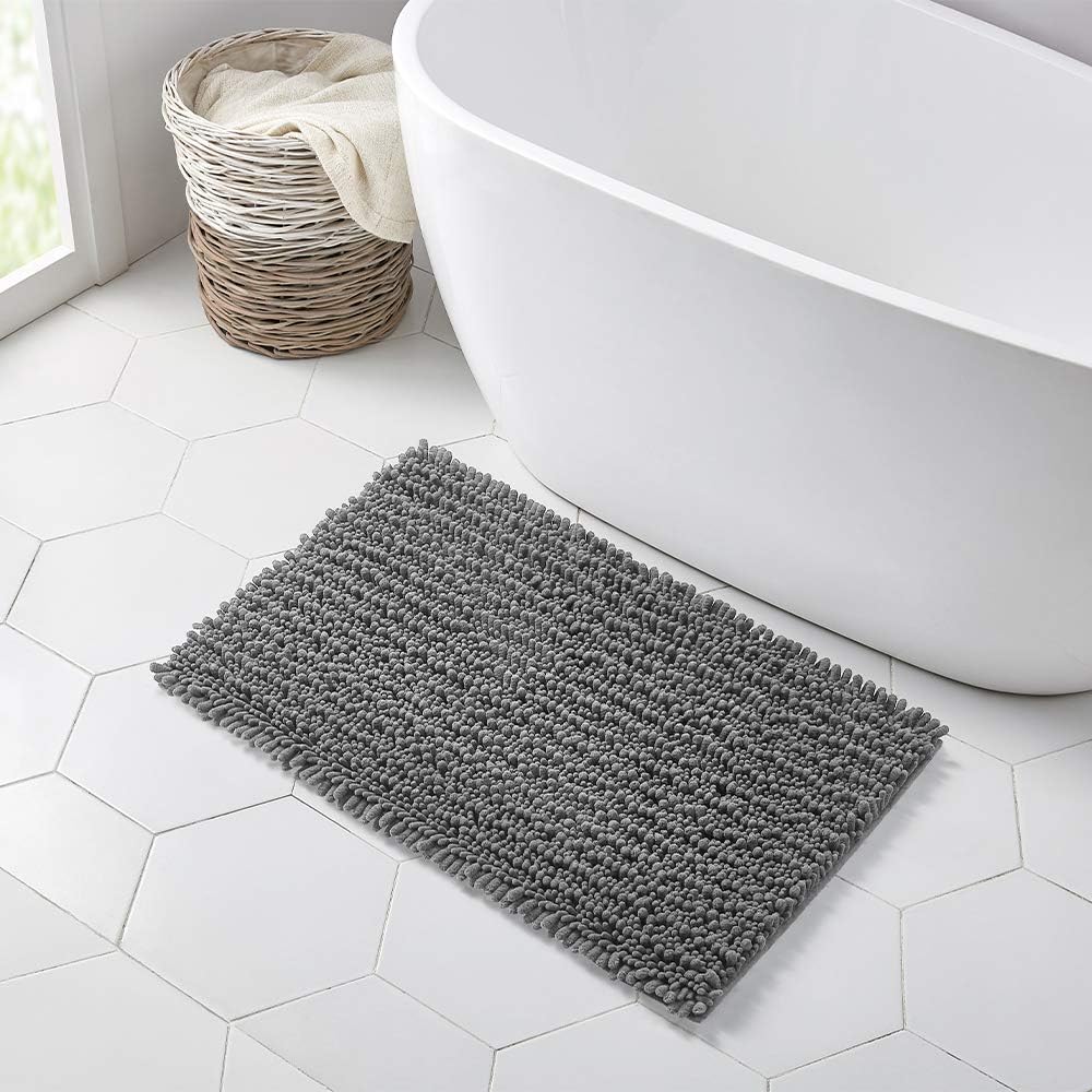 Walensee Bathroom Rug Non Slip Bath Mat (36x24 Inch Grey) Water Absorbent Super Soft Shaggy Chenille Machine Washable Dry Extra Thick Perfect Absorbant Best Large Plush Carpet for Shower Floor