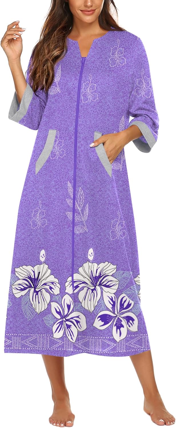 Ekouaer Women Zipper Robe 3/4 Sleeves Loungewear Dress Full Length Sleepwear Pockets Housecoat Nightgown Long Bathrobe