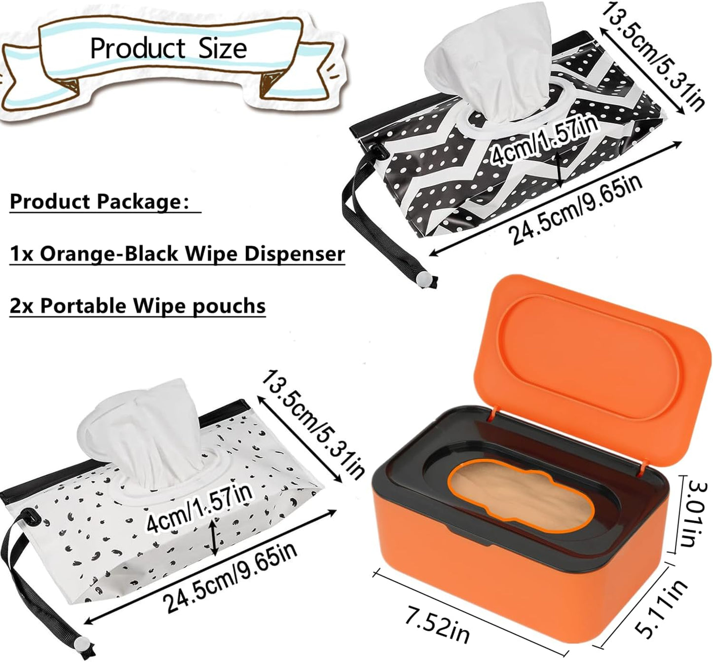Wipes Dispenser with 2Pcs Portable Refillable Wipe Holder,Reusable Large Wipe Holder Box Flushable Wipes Case Bathroom Wipes Container for Pet Nursery Kitchen Office Counter(Orange-Black)