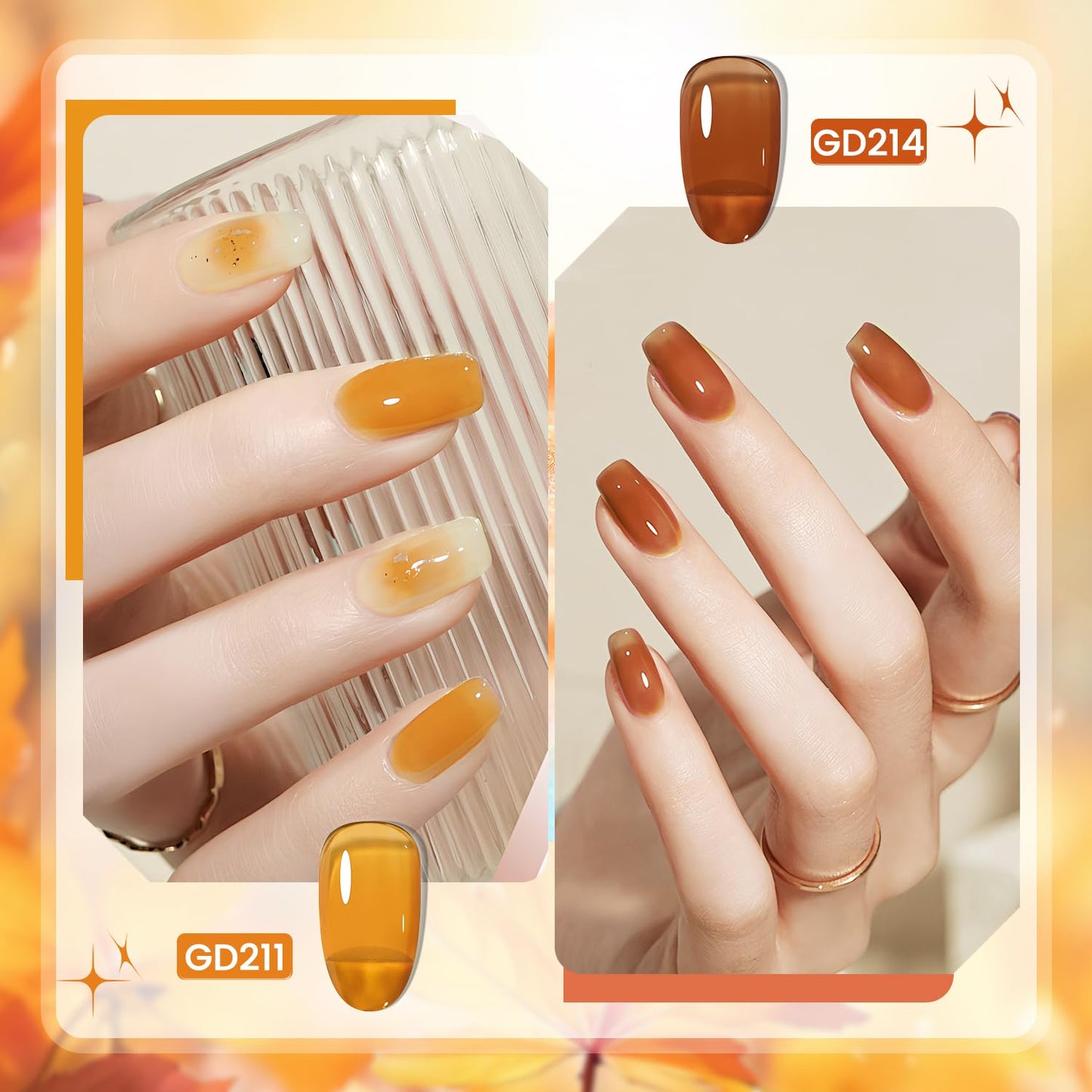 JODSONE 6 Colors Gel Nail Polish Set Fall Collection Jelly Effect Soak Off Need U V LED Gel Polish Set Autumn Mauve Brown RedSalon-Quality DlY Home Manicure