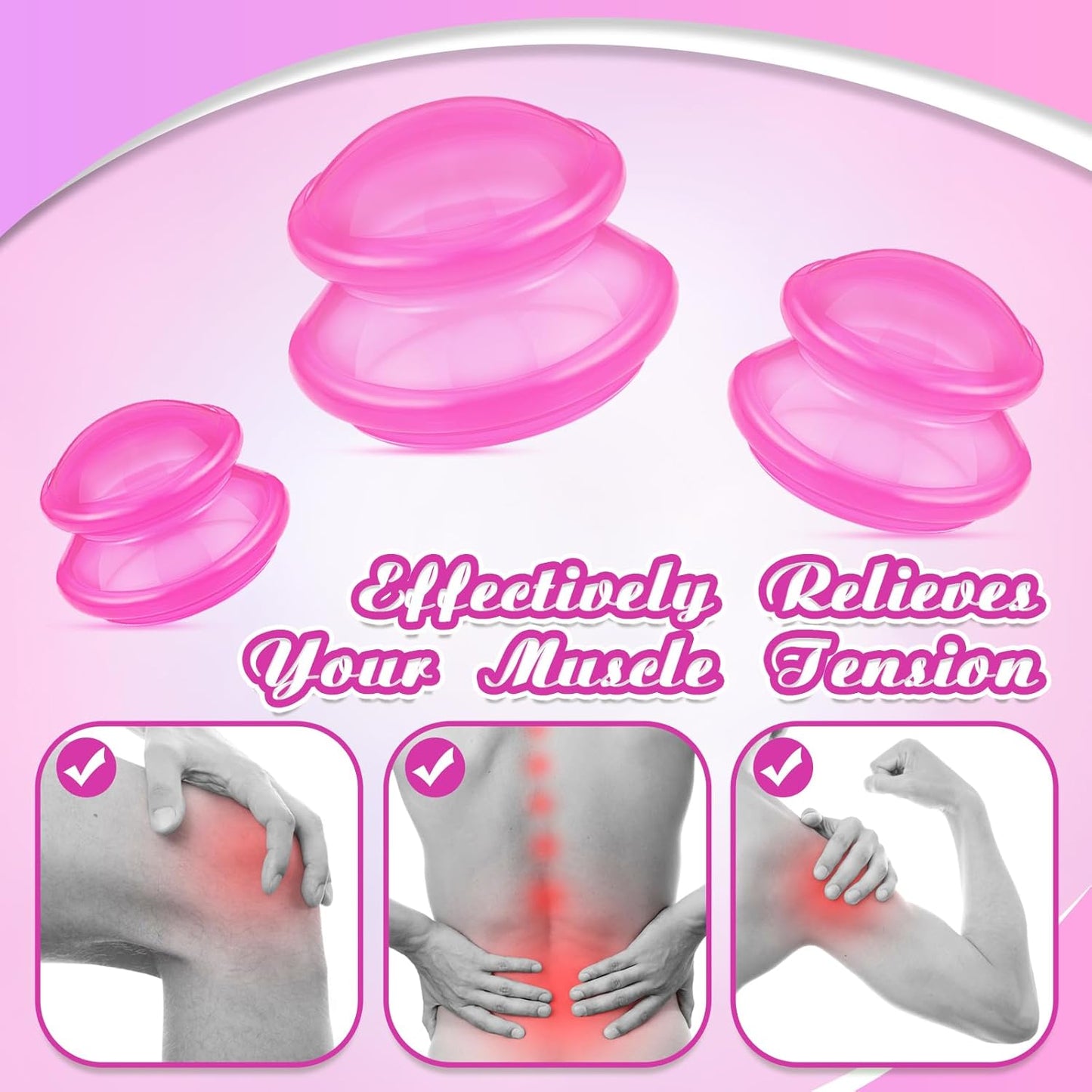 TrelaCo 6 Pcs Cupping Kit for Massage Therapy 3 Sizes Silicone Cupping Set Chinese Massage Therapy for Studio Household Cellulite Joint Pain Muscle Pain(Clear Hot Pink)