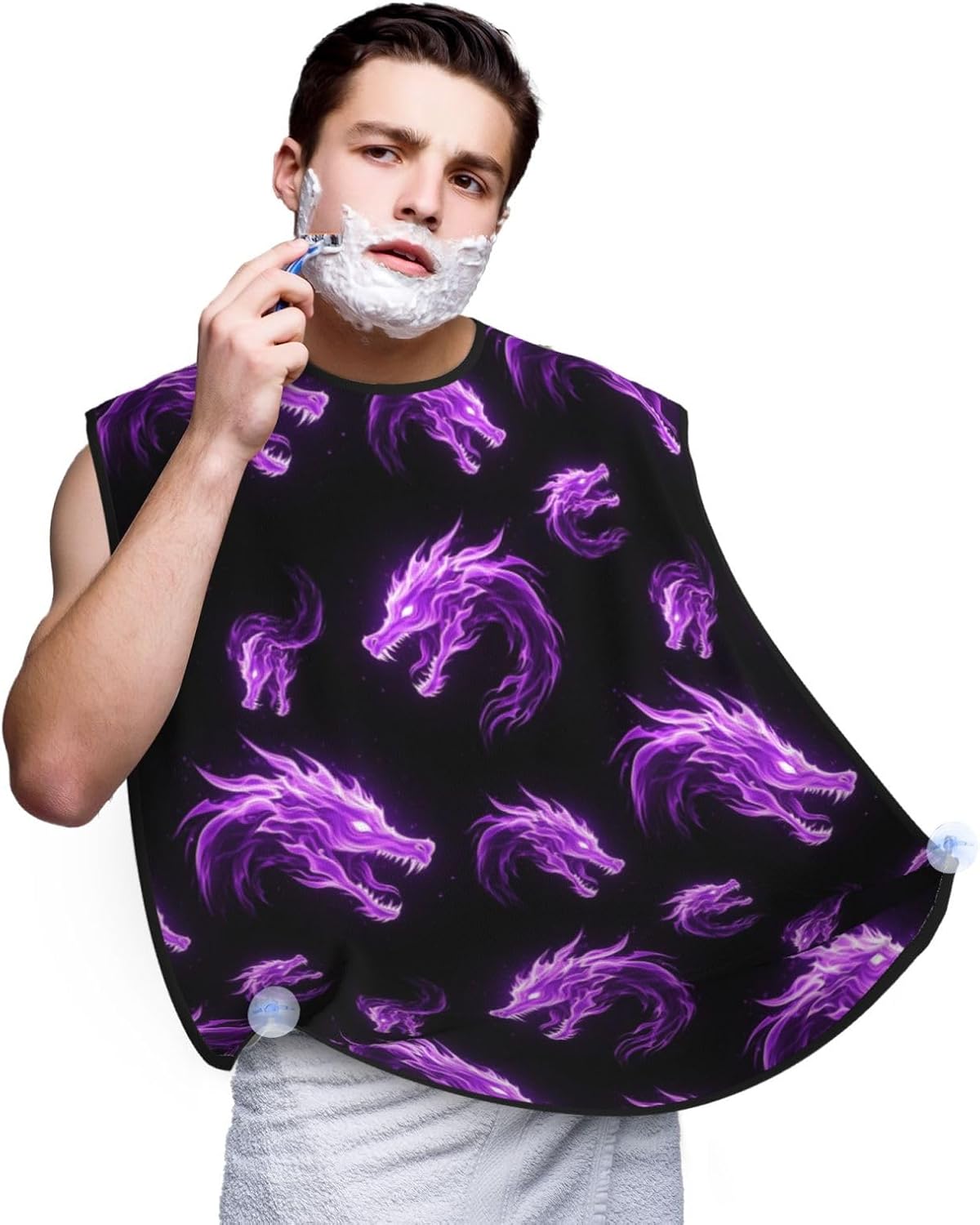 Beard Hair Catcher Bib, Waterproof Non-Stick Grooming Apron for Shaving Trimming, Perfect for Men Dad, Purple Fire Dragon Shave Bib
