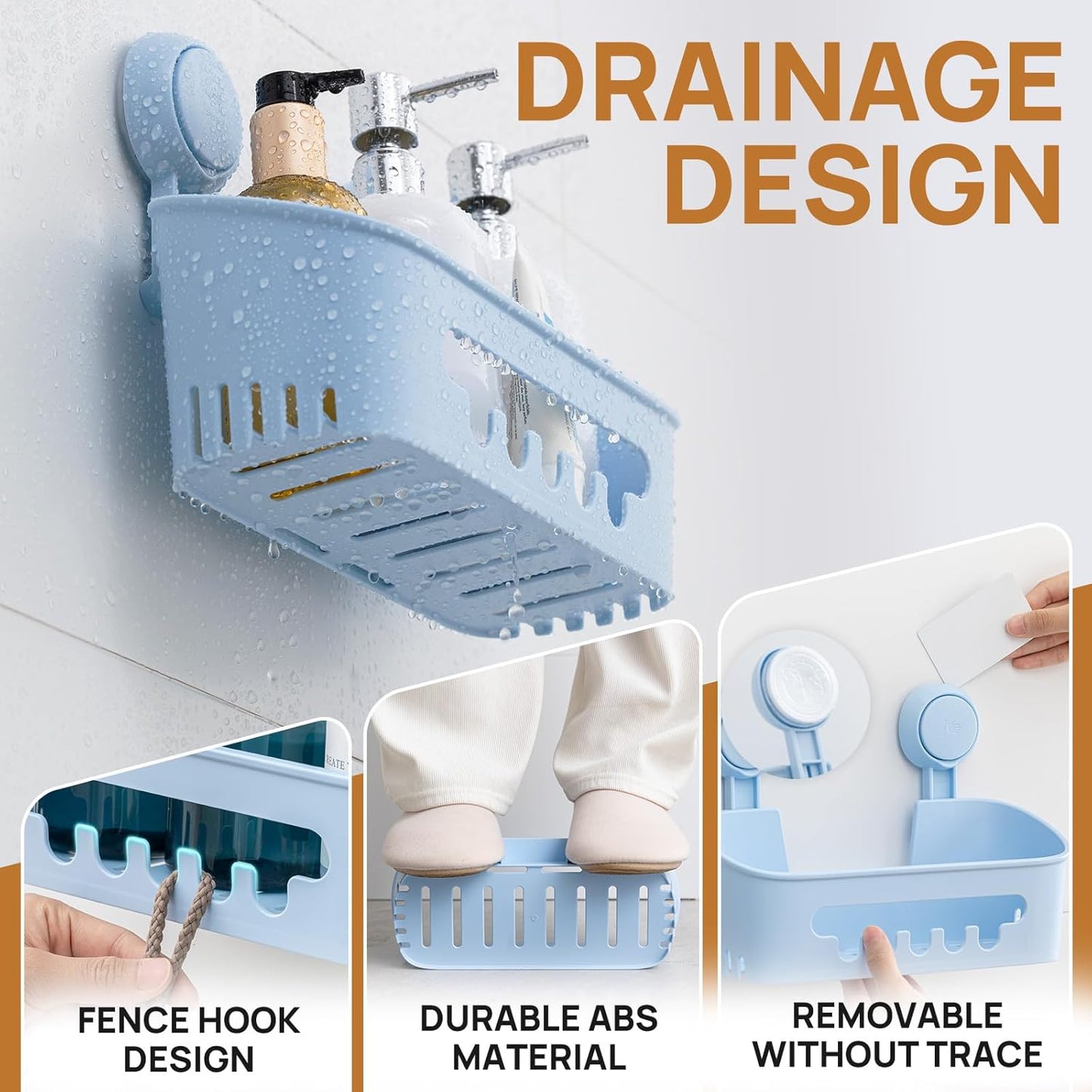 LEVERLOC Shower Caddy Suction Cup, Shower Organizer Removable Bathroom Shelf, Storage Suction Powerful Max Hold 22lbs Bathroom Caddy Waterproof Holder, Blue