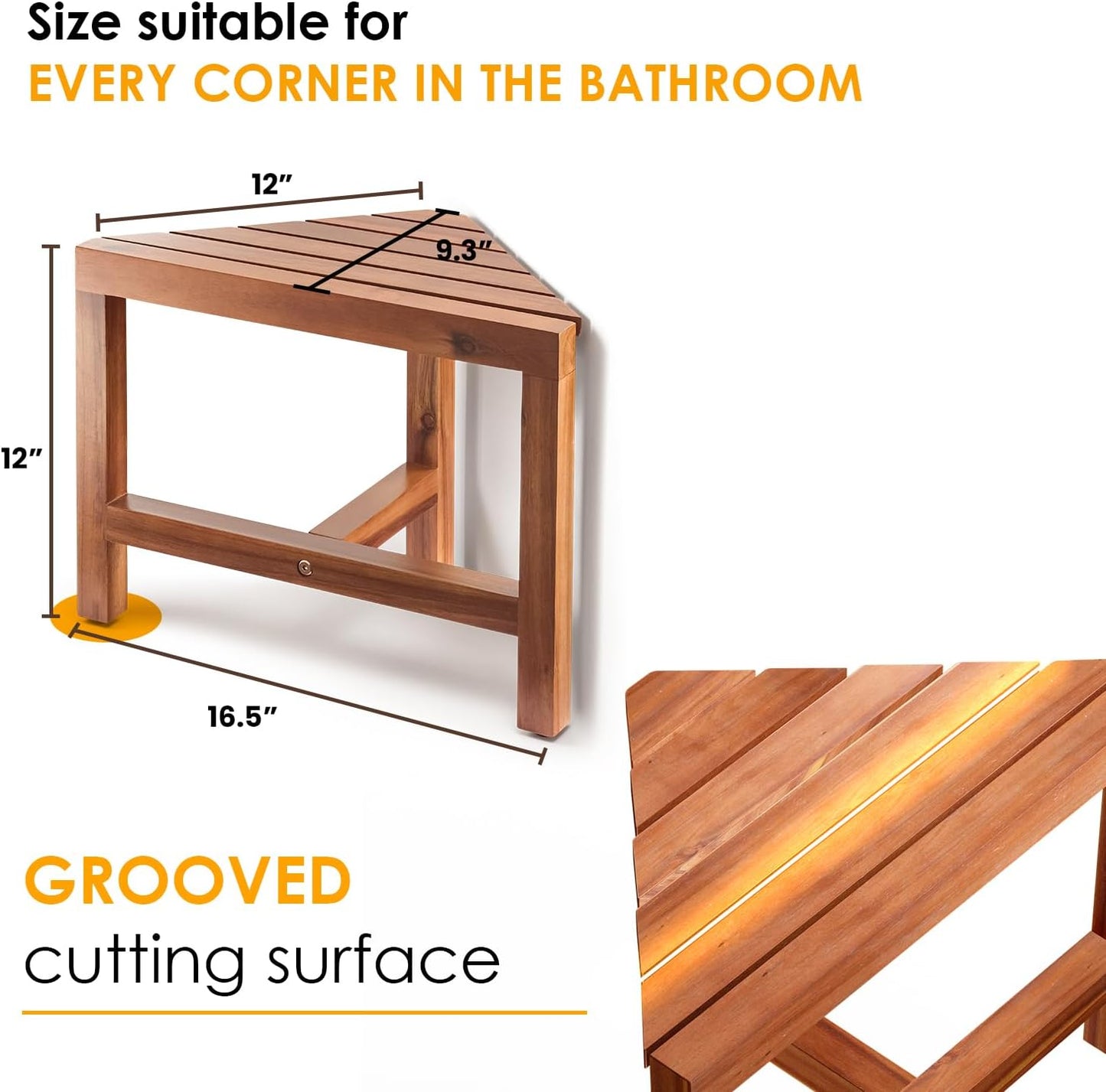 HOLANA 12" Acacia Shower Stool for Shaving Legs - Wooden Shower Foot Rest - Small Shower Corner Stool Seat for Inside Shower - Waterproof Bath Step Stools Bench for Bathroom (Acacia Wood)