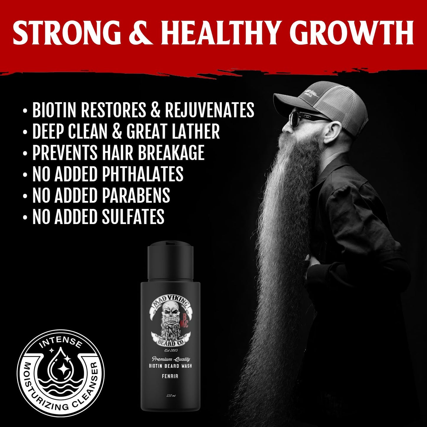 Mad Viking Fenrir Biotin Beard Wash - Moisturizing Cleanse - Grow a Healthy Beard - Made with Premium Ingredients to Fight Itch & Dandruff - Bourbon, Neroli, Rum & Tobacco Scent, Made in the USA - 8oz