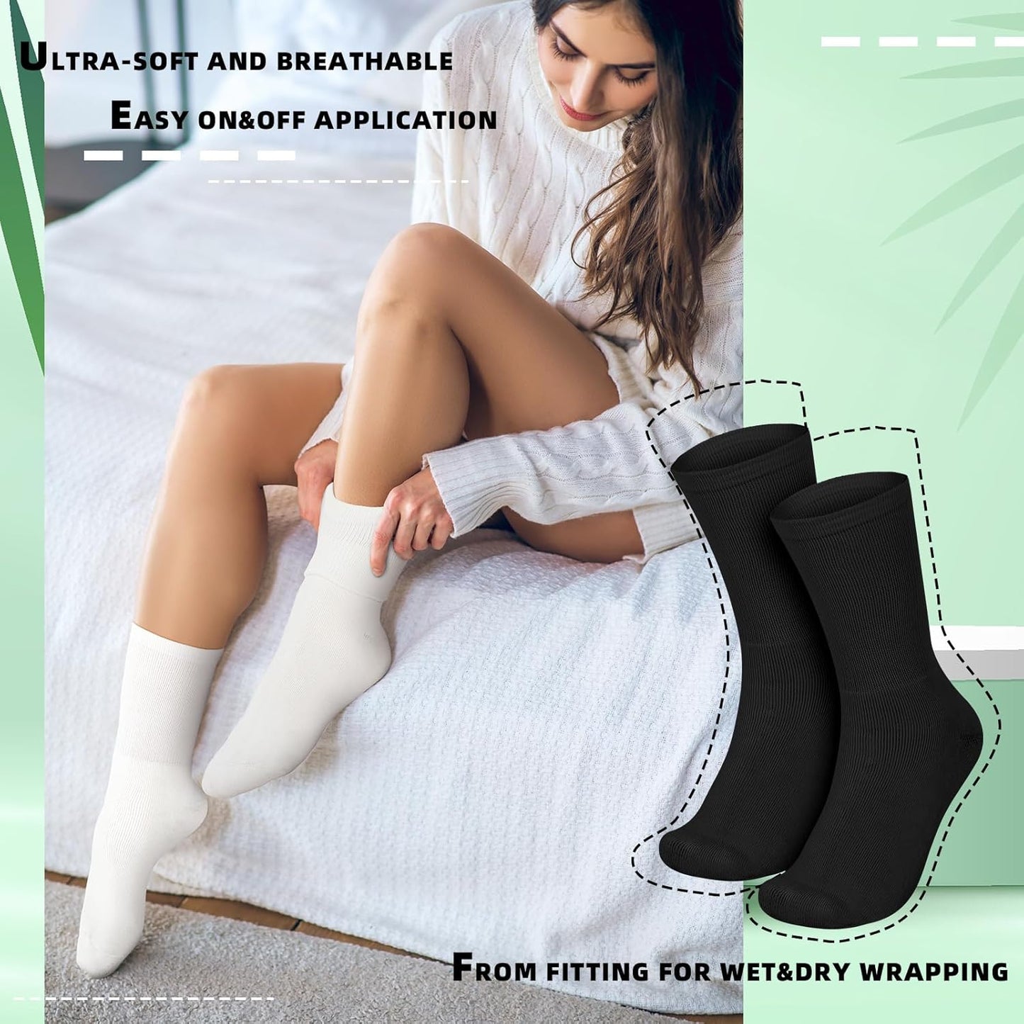 4 Pairs Cotton Soft Eczema Socks White and Black Hydrating Moisturizing Therapy Cotton Socks Eczema Relief for Adult Wet Wrap Non Itch Soft Feet Treatment